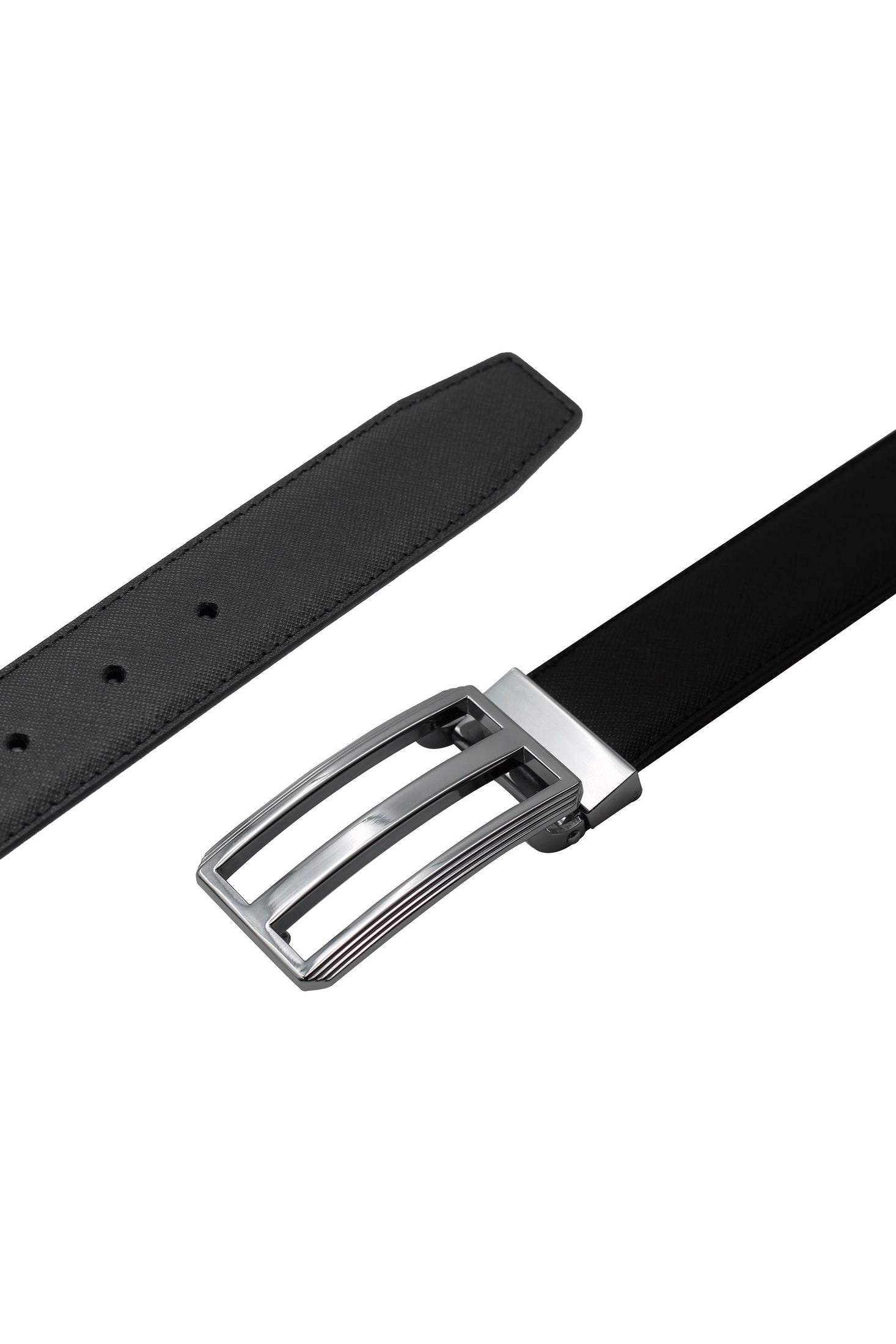 BLACK TEXTURED LEATHER PIN BUCKLE REVERSIBLE BELT