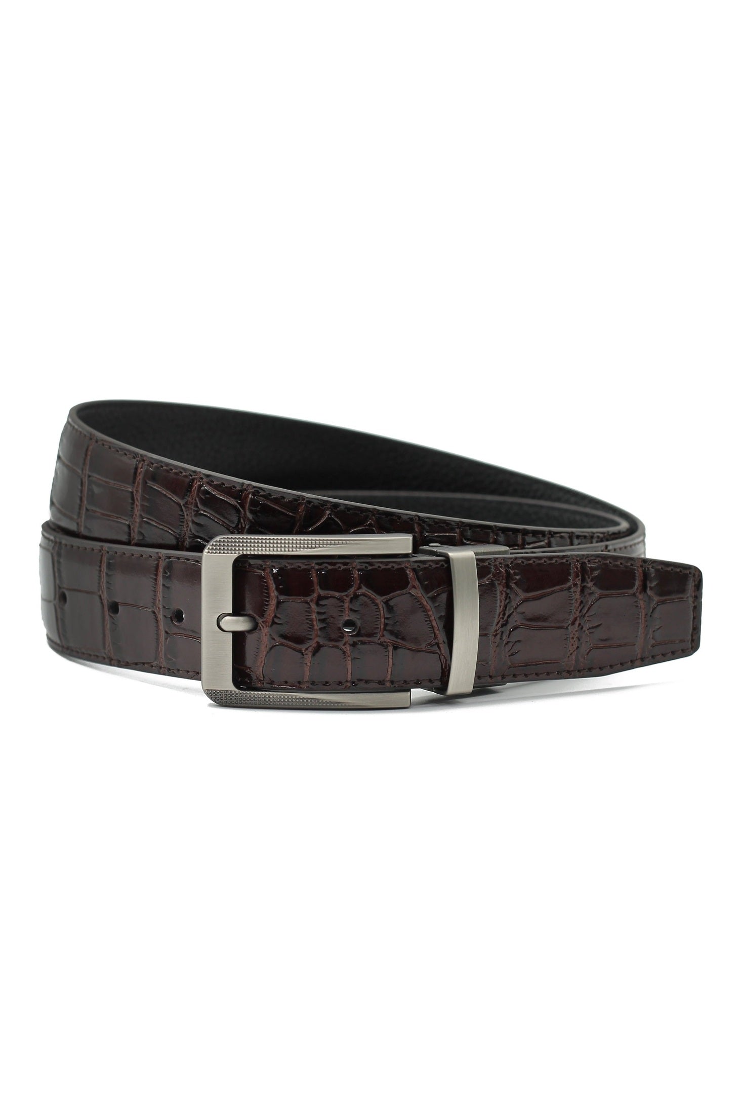 BLACK & BROWN CROC PRINT LEATHER REVERSIBLE BELT
