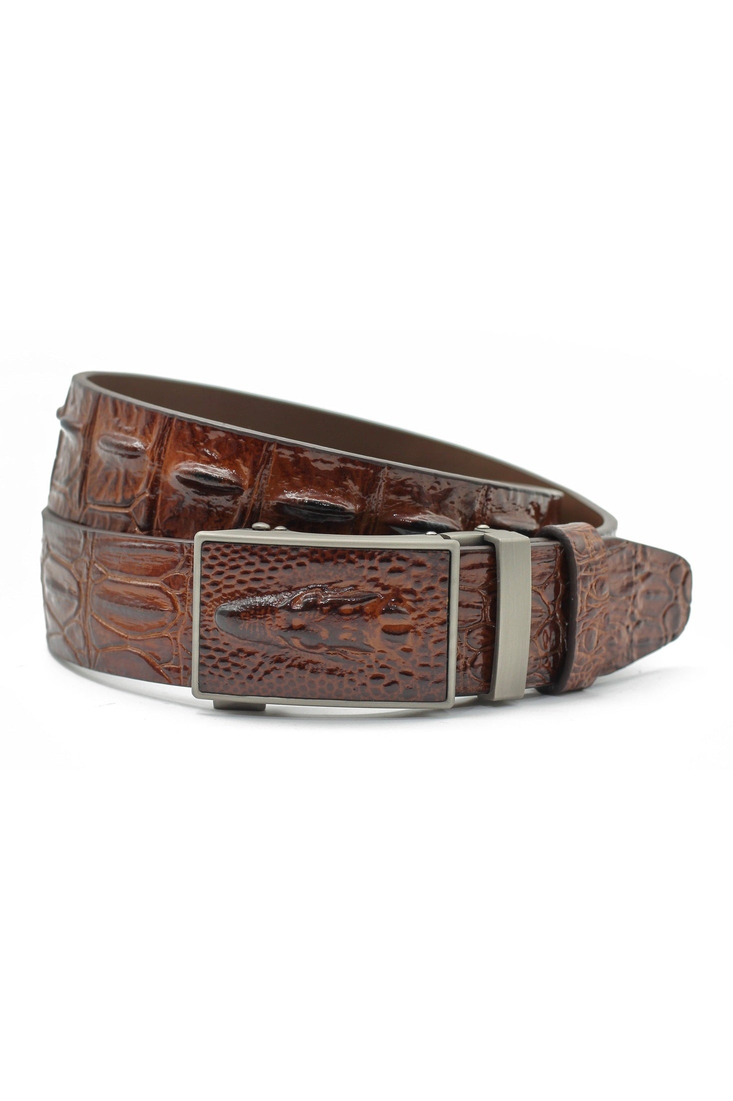 TAN CROC PRINT LEATHER AUTO LOCK BELT