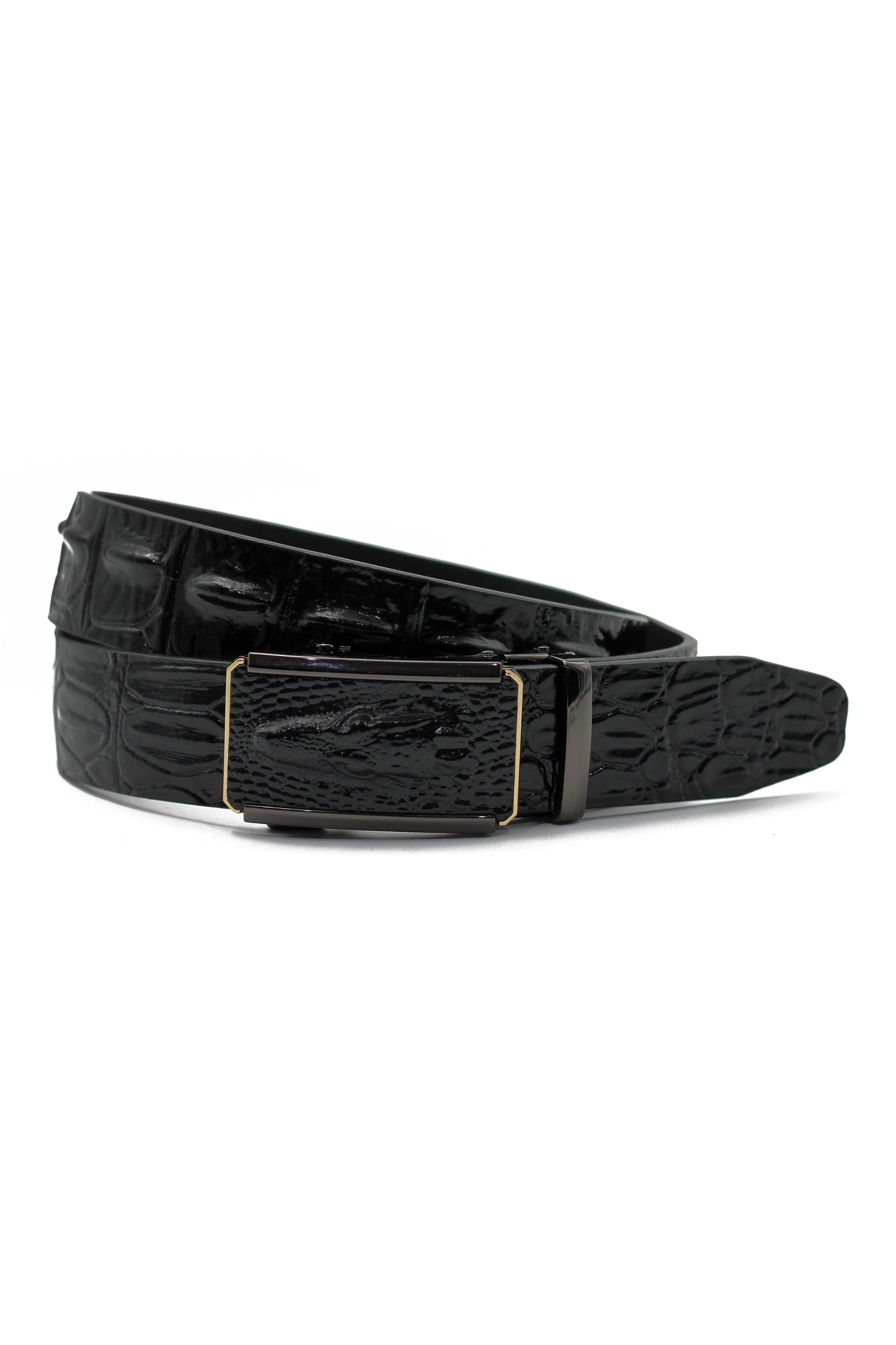 BLACK CROC PRINT LEATHER AUTO LOCK BELT