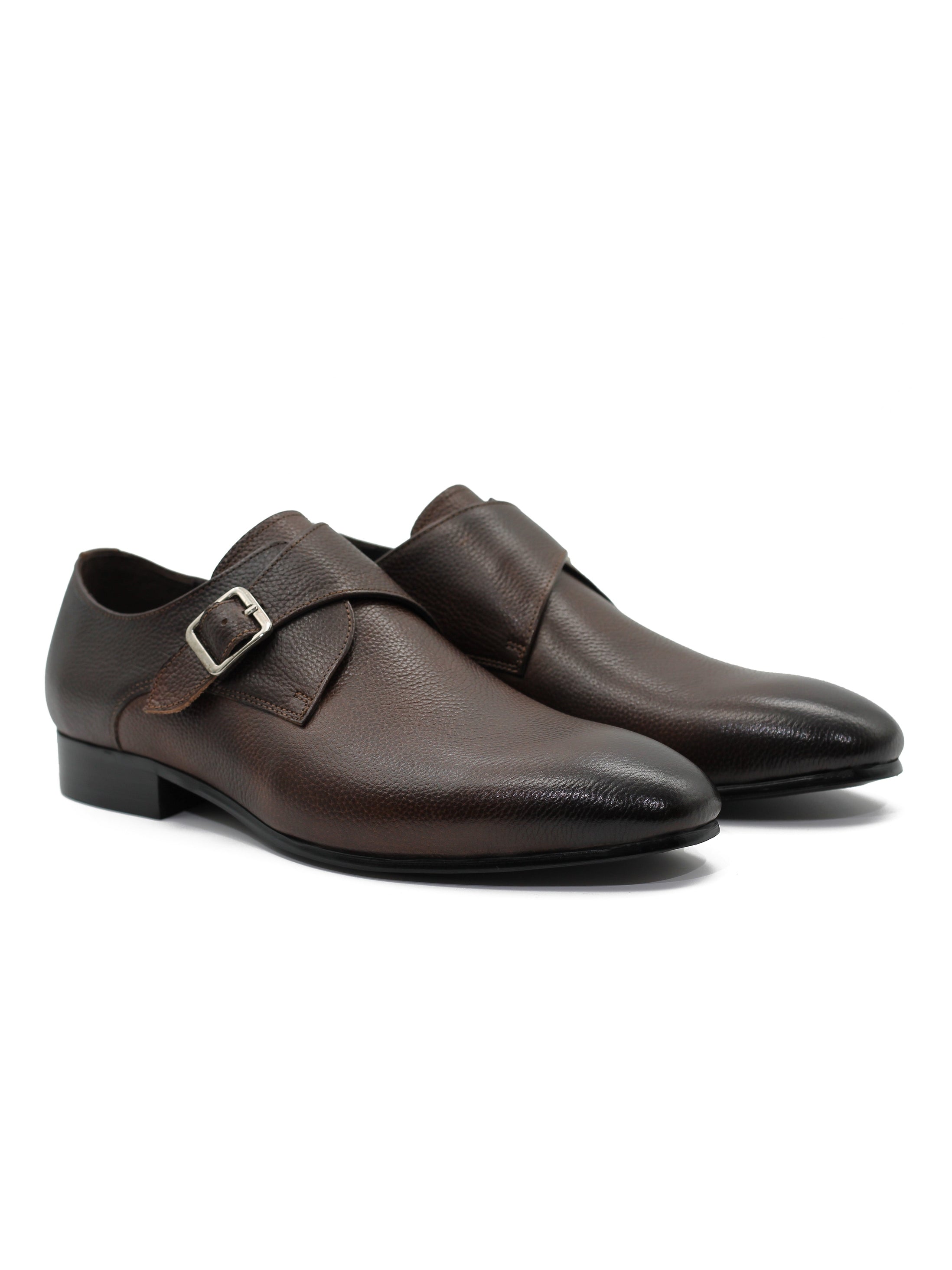 BROWN GRAIN LEATHER MONK SHOES
