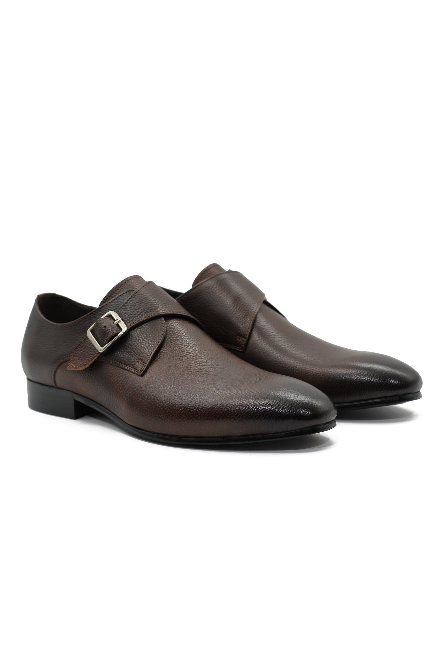 BROWN GRAIN LEATHER MONK SHOES