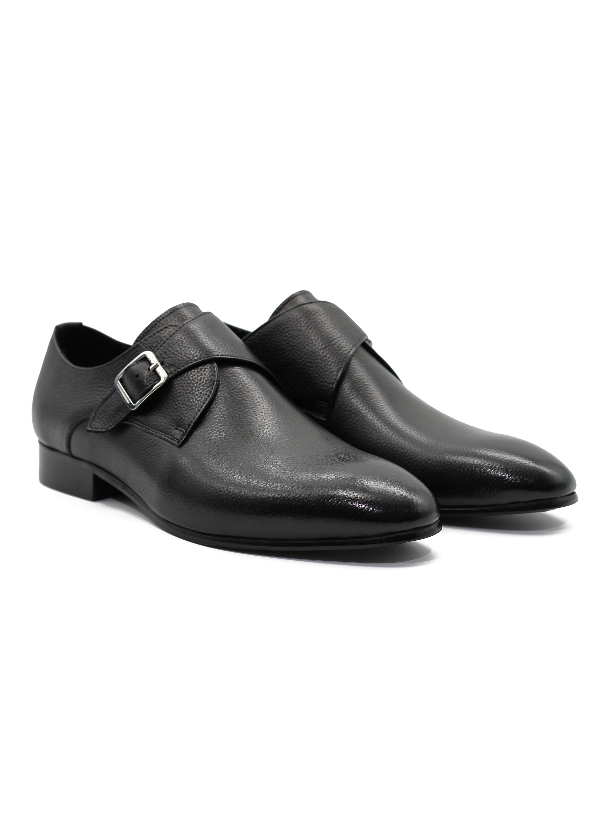 BLACK GRAIN LEATHER MONK STRAP SHOES