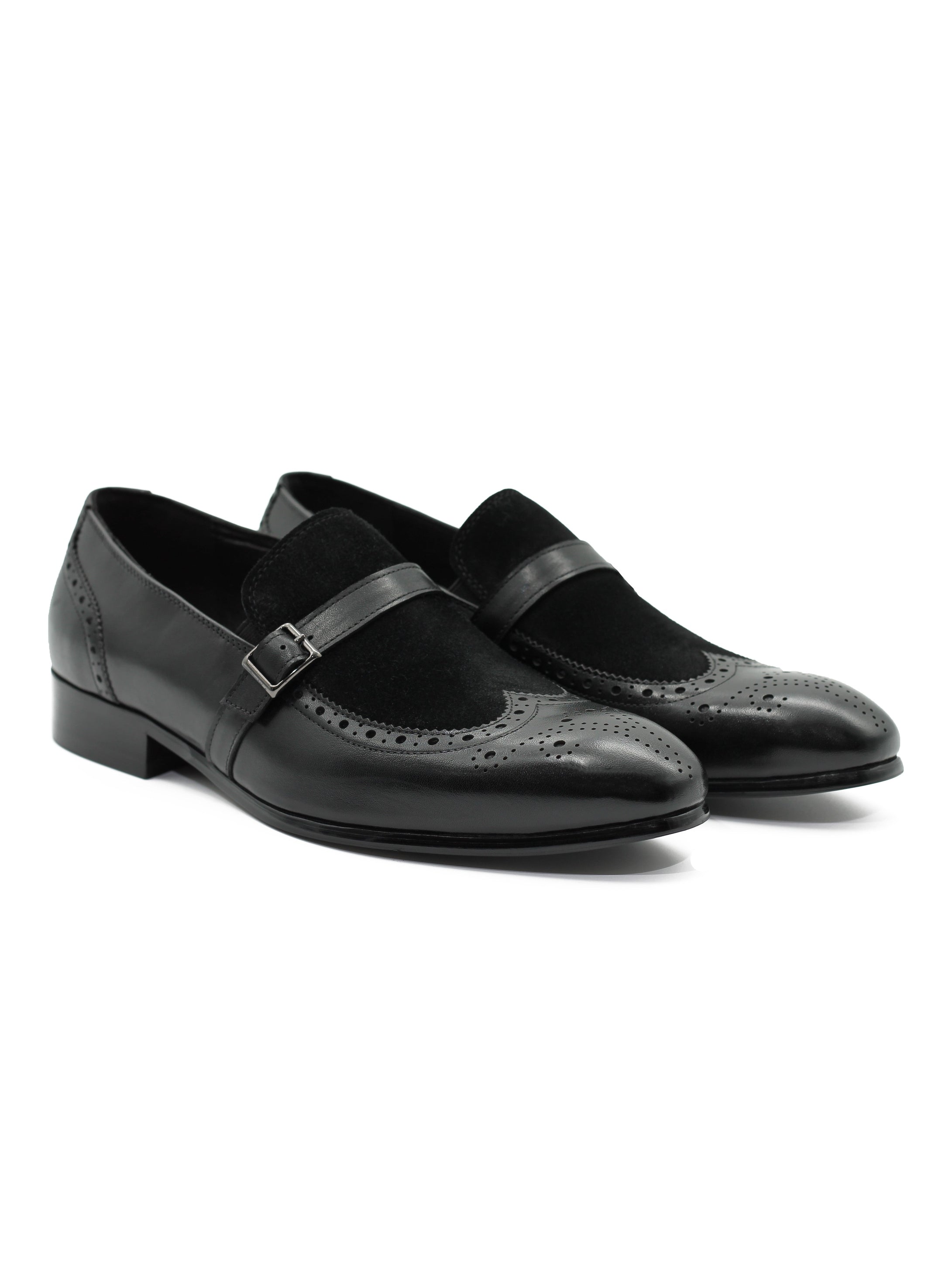 BLACK LEATHER & SUEDE MONK STRAP BROUGES
