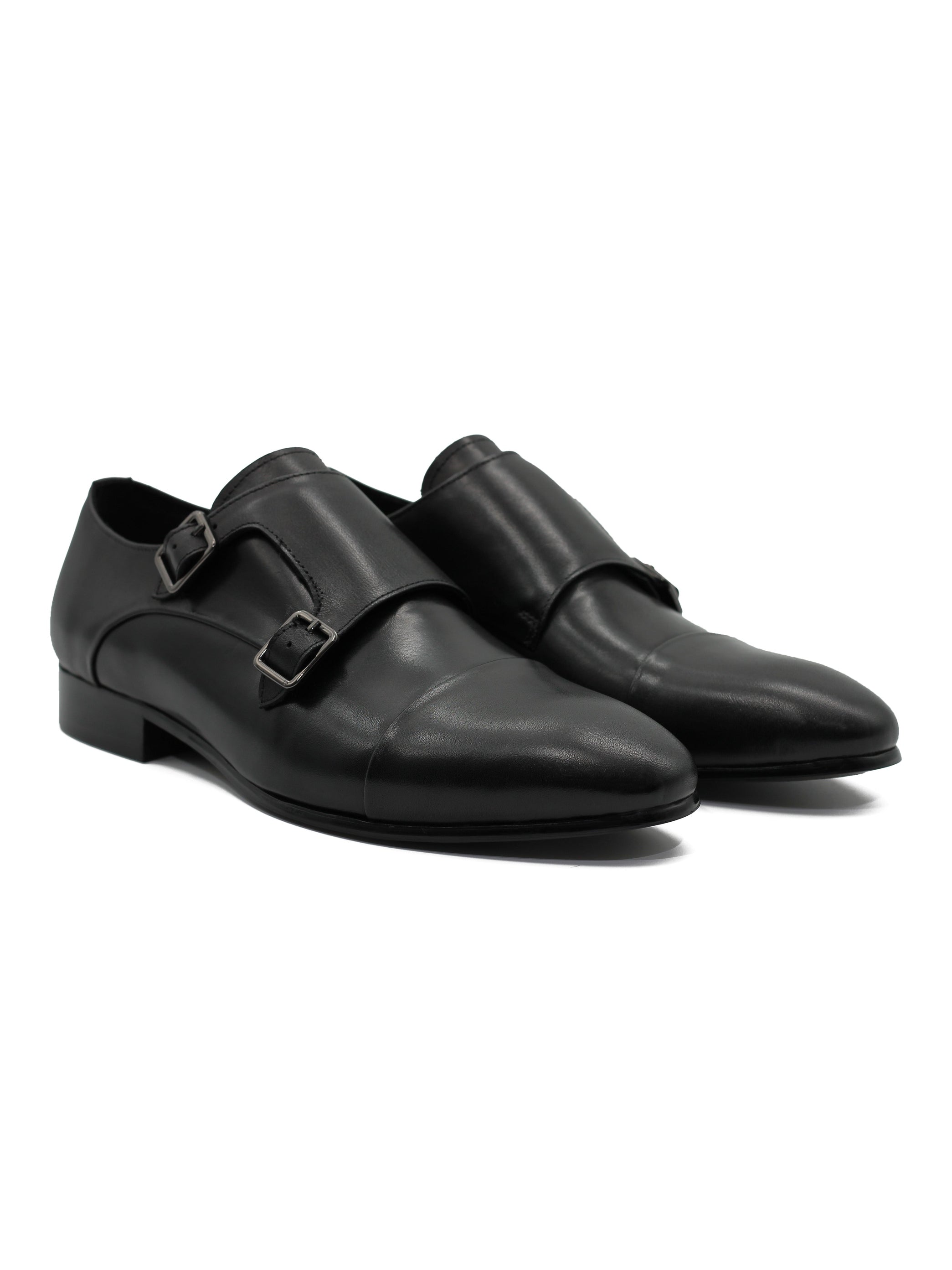 BLACK LEATHER DOUBLE MONK SHOES