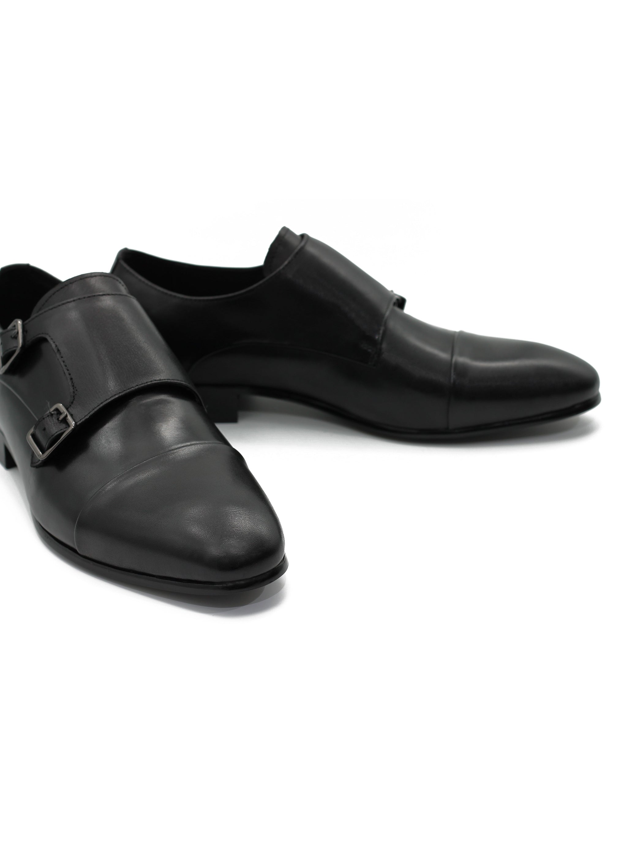 BLACK LEATHER DOUBLE MONK SHOES