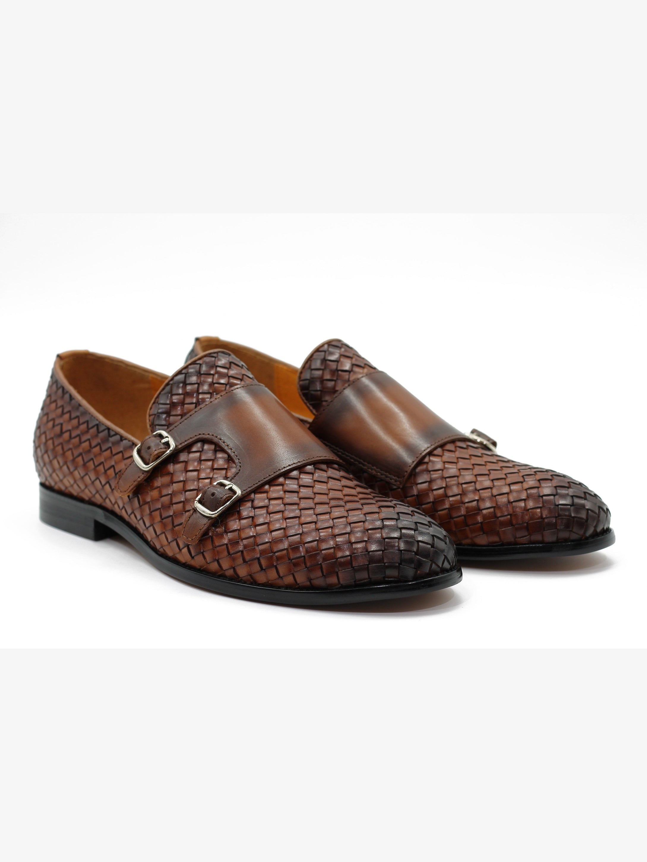 BROWN WOVEN LEATHER DOUBLE MONK SHOES