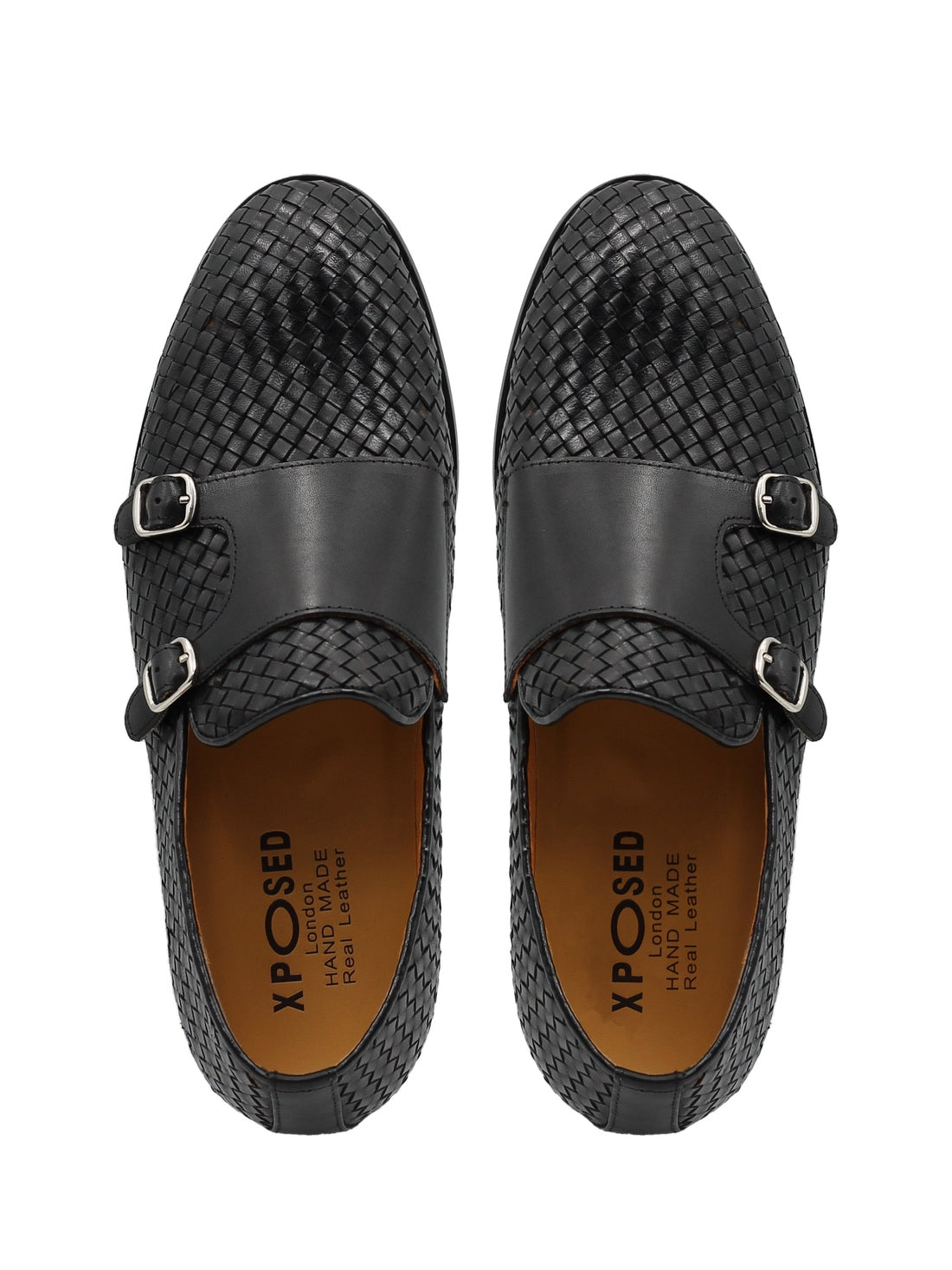 BLACK WOVEN LEATHER DOUBLE MONK SHOES
