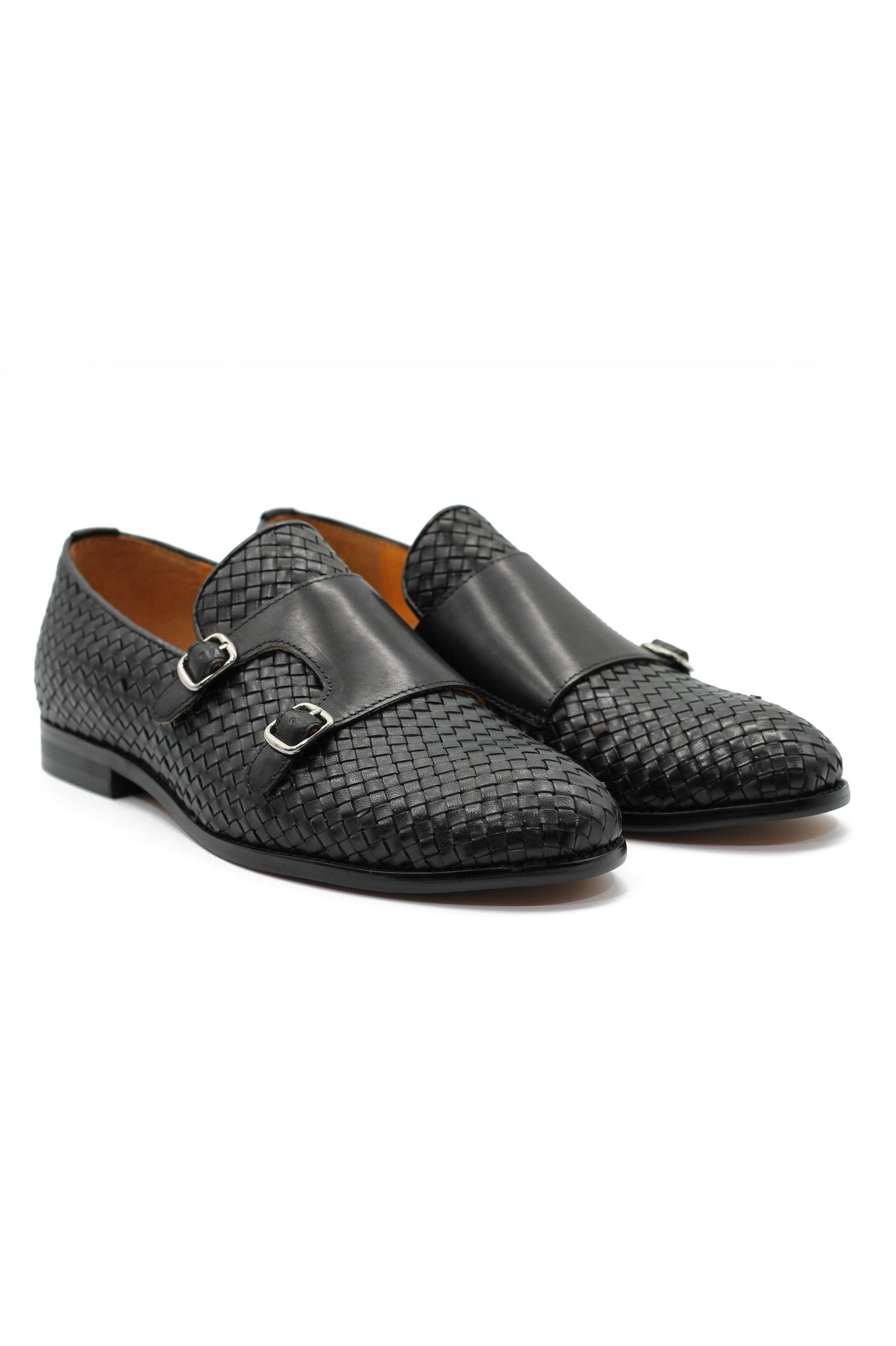BLACK WOVEN LEATHER DOUBLE MONK SHOES