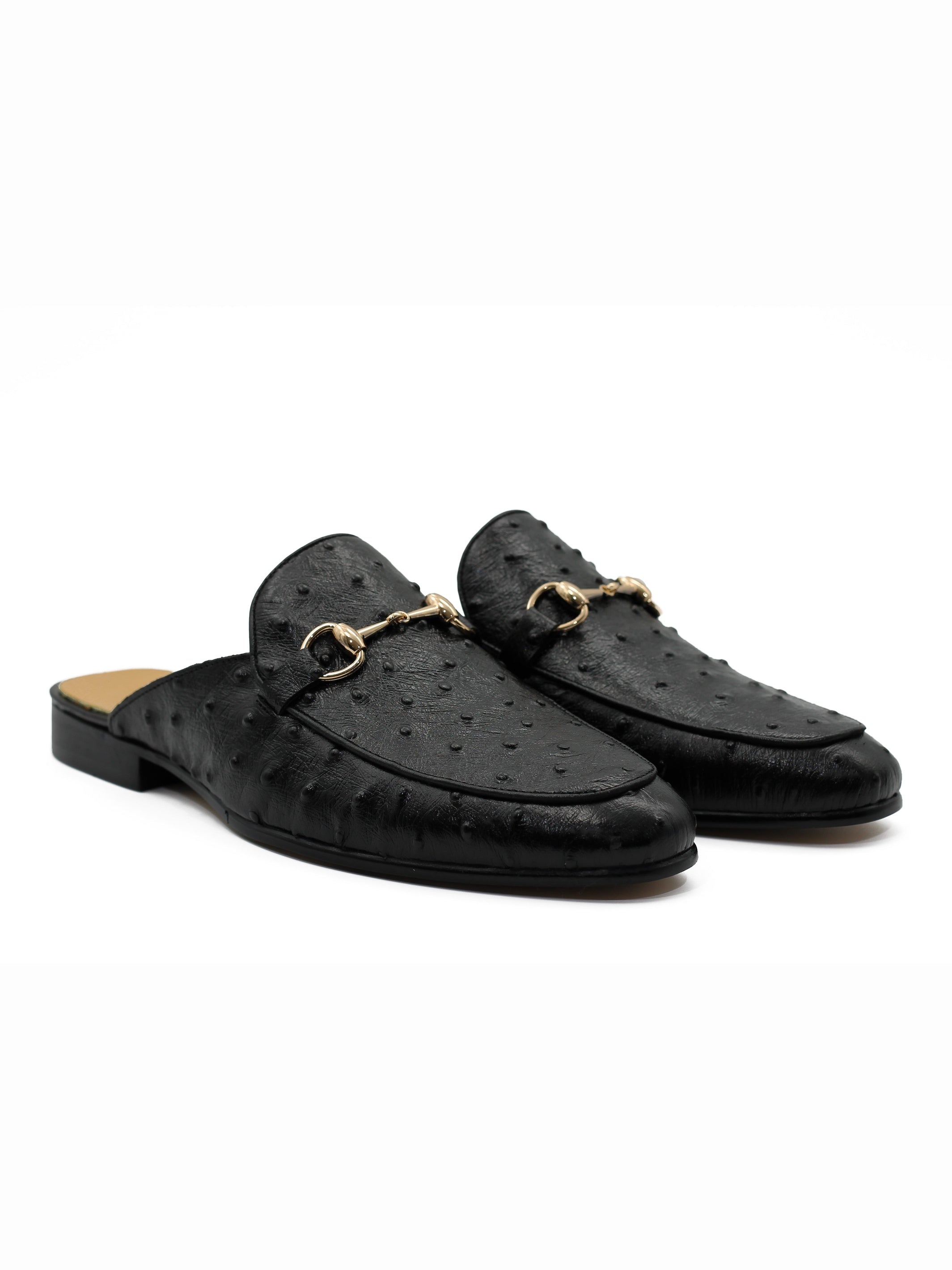 BLACK LEATHER SNAFFLE BIT SLIPPERS