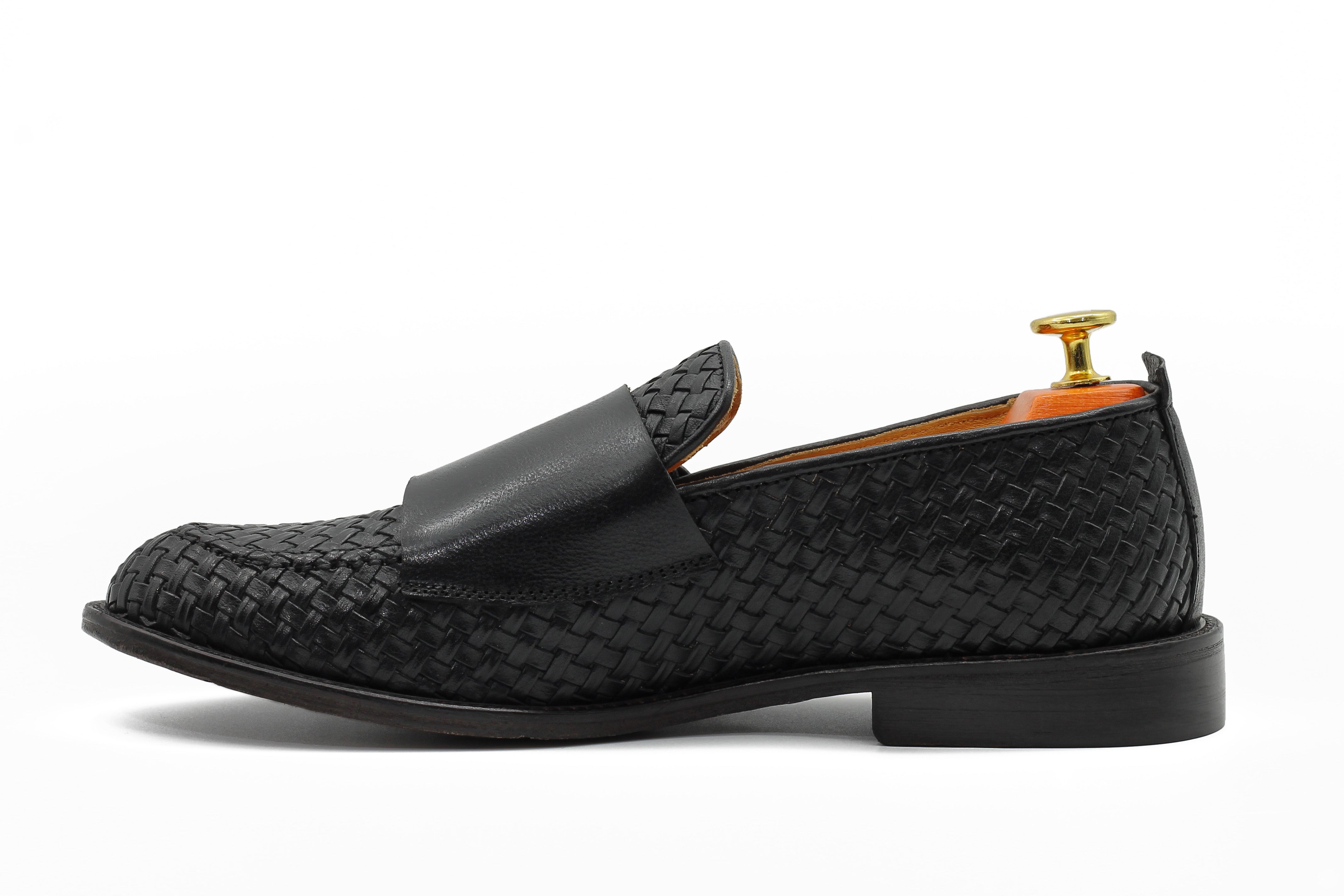 FLORENCE 2 - DOUBLE BUCKLE MONK LOAFER IN BLACK INTERWEAVE ITALIAN LEATHER