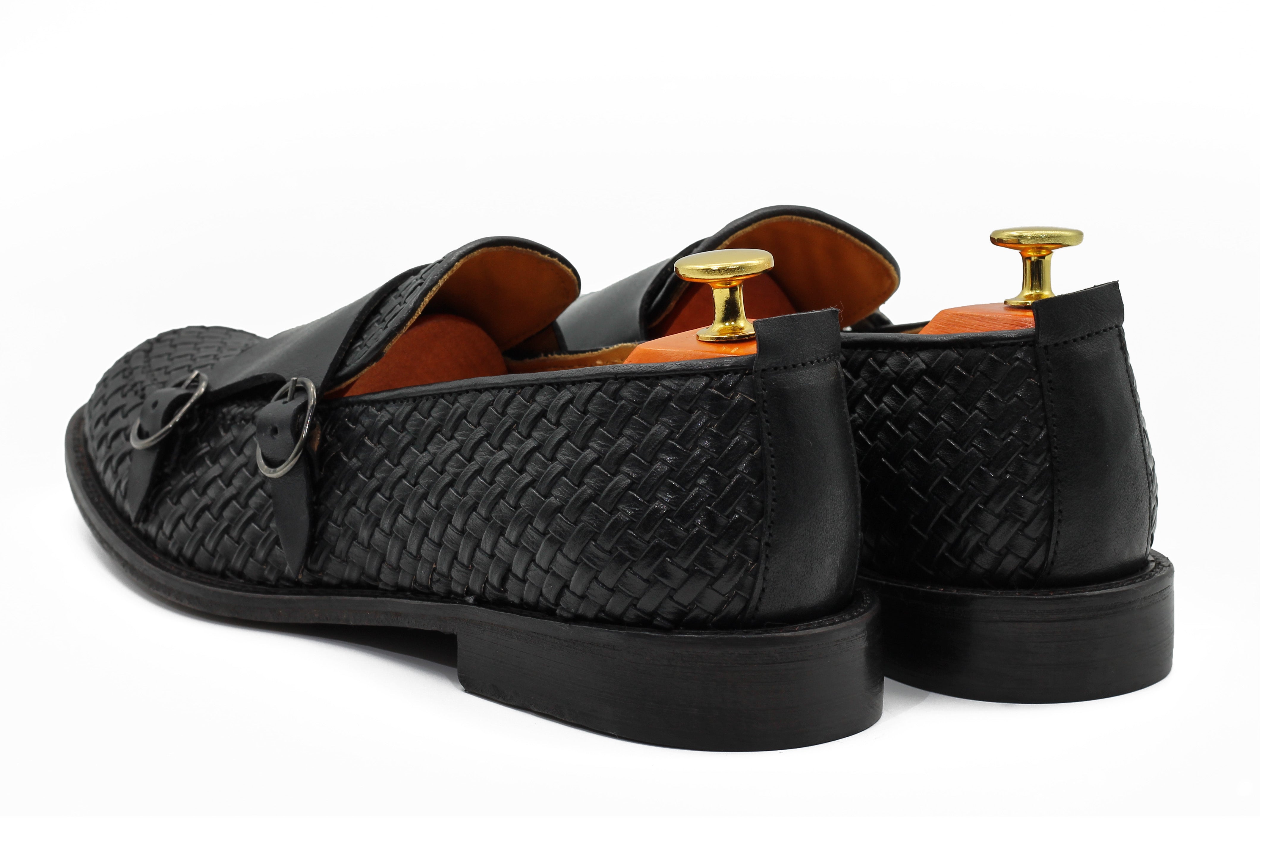 FLORENCE 2 - DOUBLE BUCKLE MONK LOAFER IN BLACK INTERWEAVE ITALIAN LEATHER