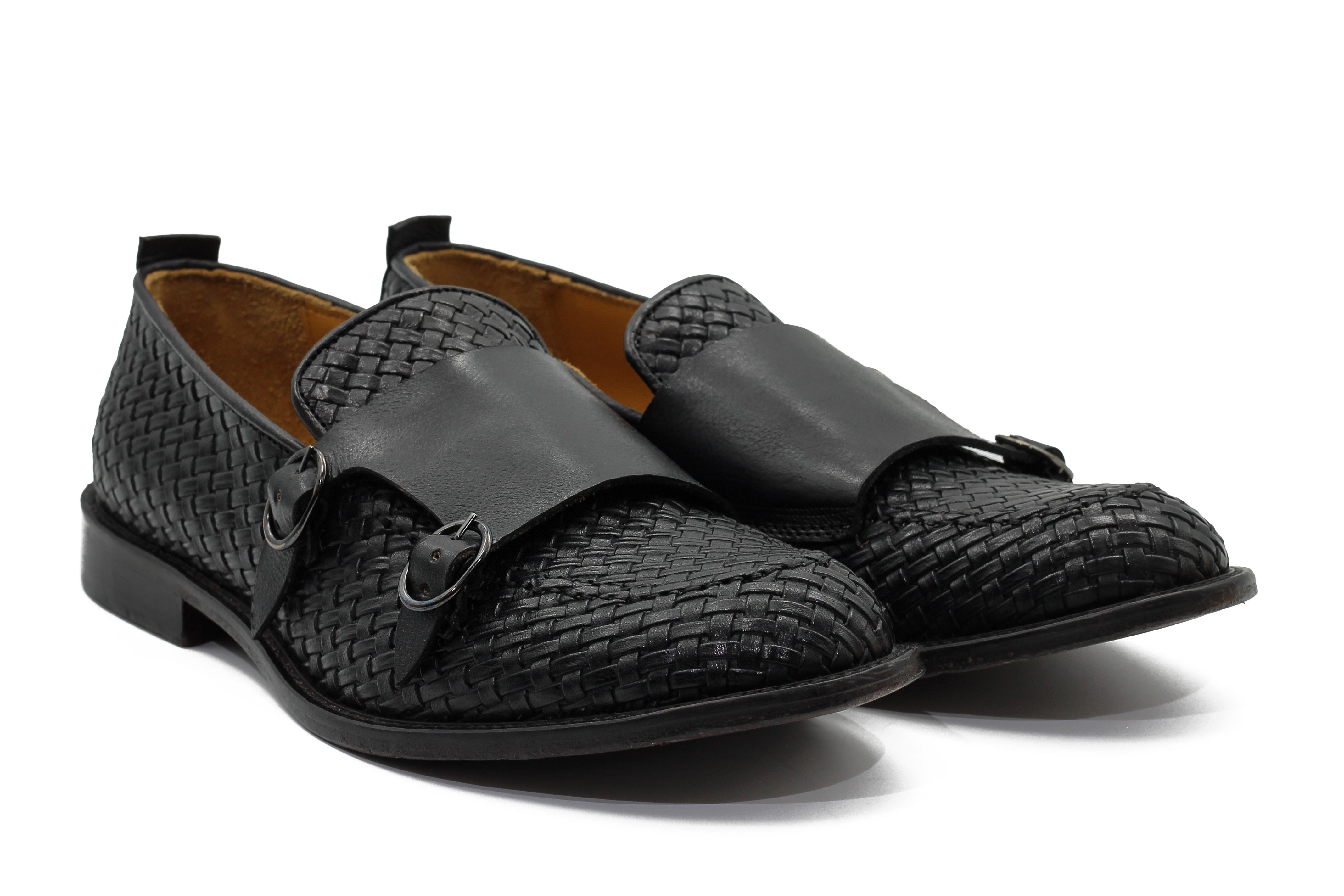 FLORENCE 2 - DOUBLE BUCKLE MONK LOAFER IN BLACK INTERWEAVE ITALIAN LEATHER