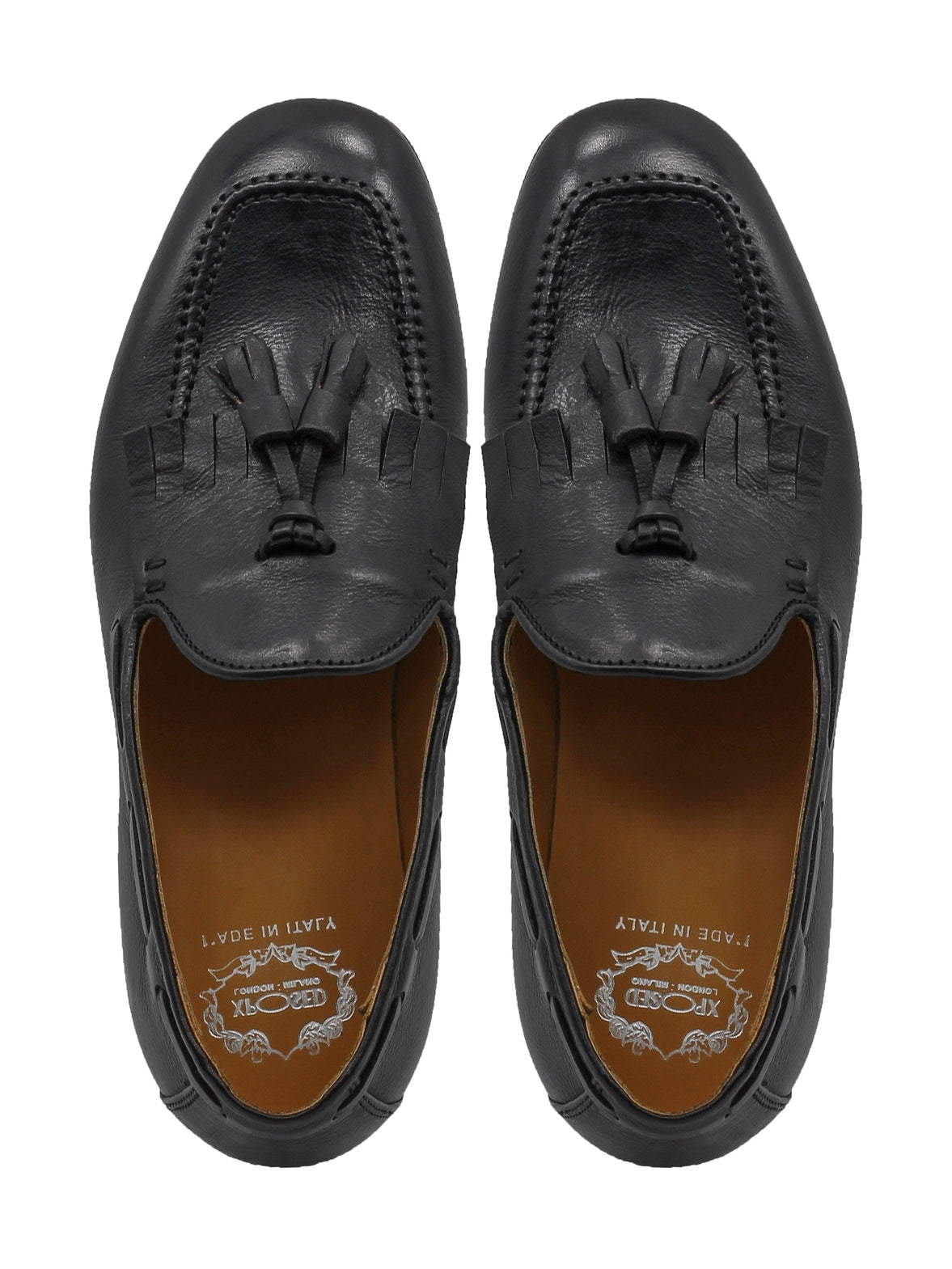BLACK ITALIAN LEATHER COLLAPSIBLE KILTIE TASSEL LOAFER