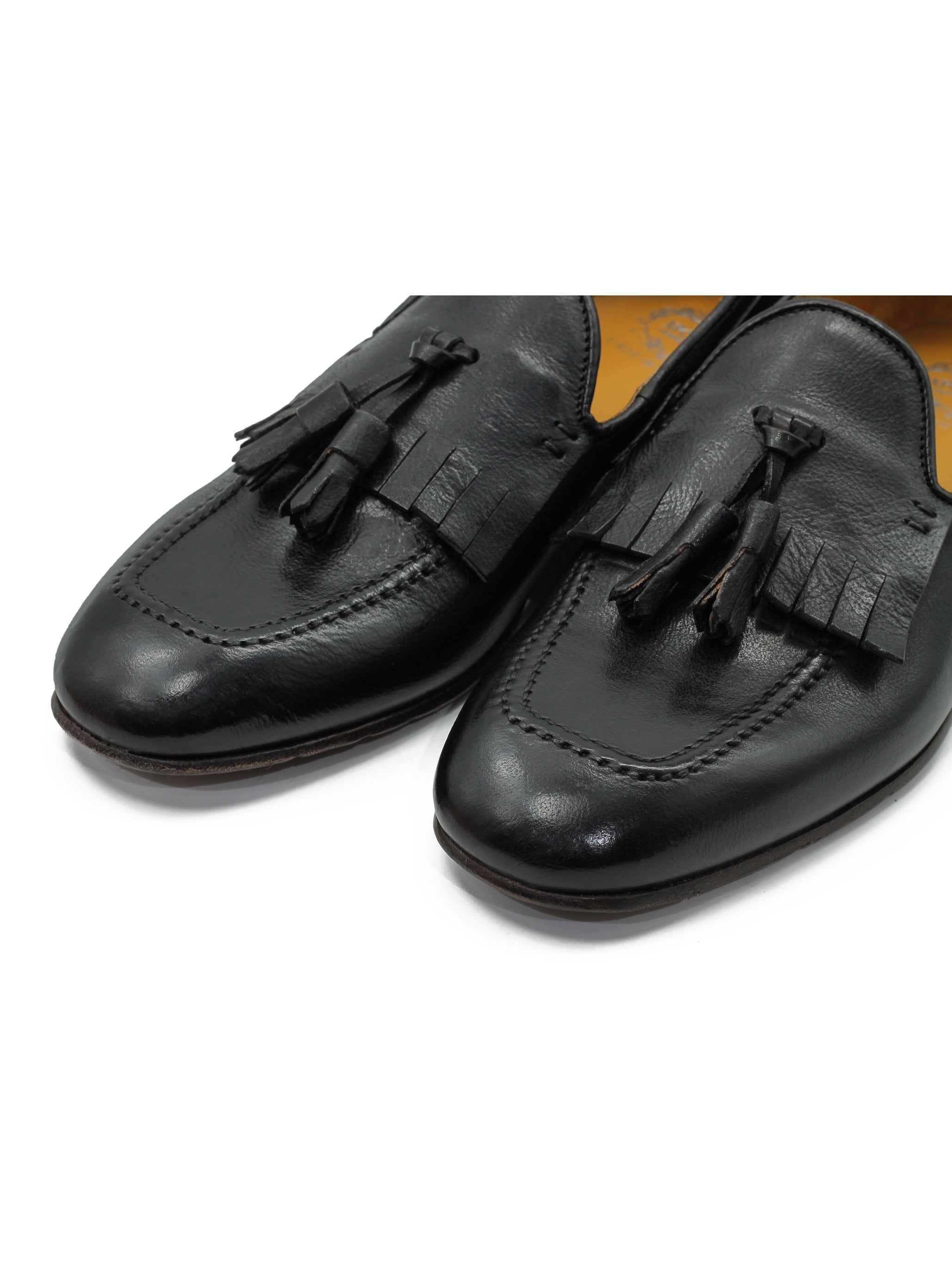 BLACK ITALIAN LEATHER COLLAPSIBLE KILTIE TASSEL LOAFER