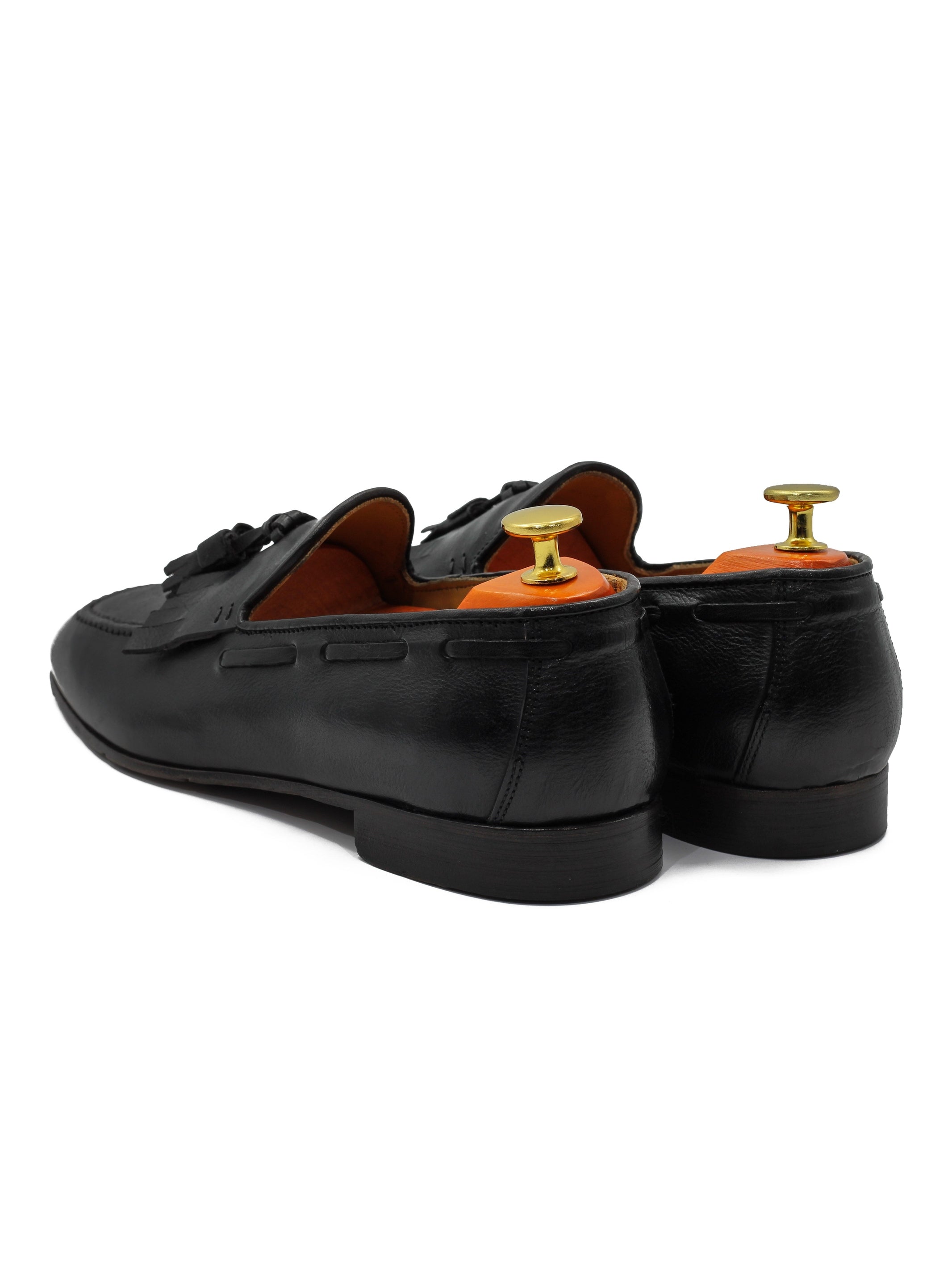 BLACK ITALIAN LEATHER COLLAPSIBLE KILTIE TASSEL LOAFER