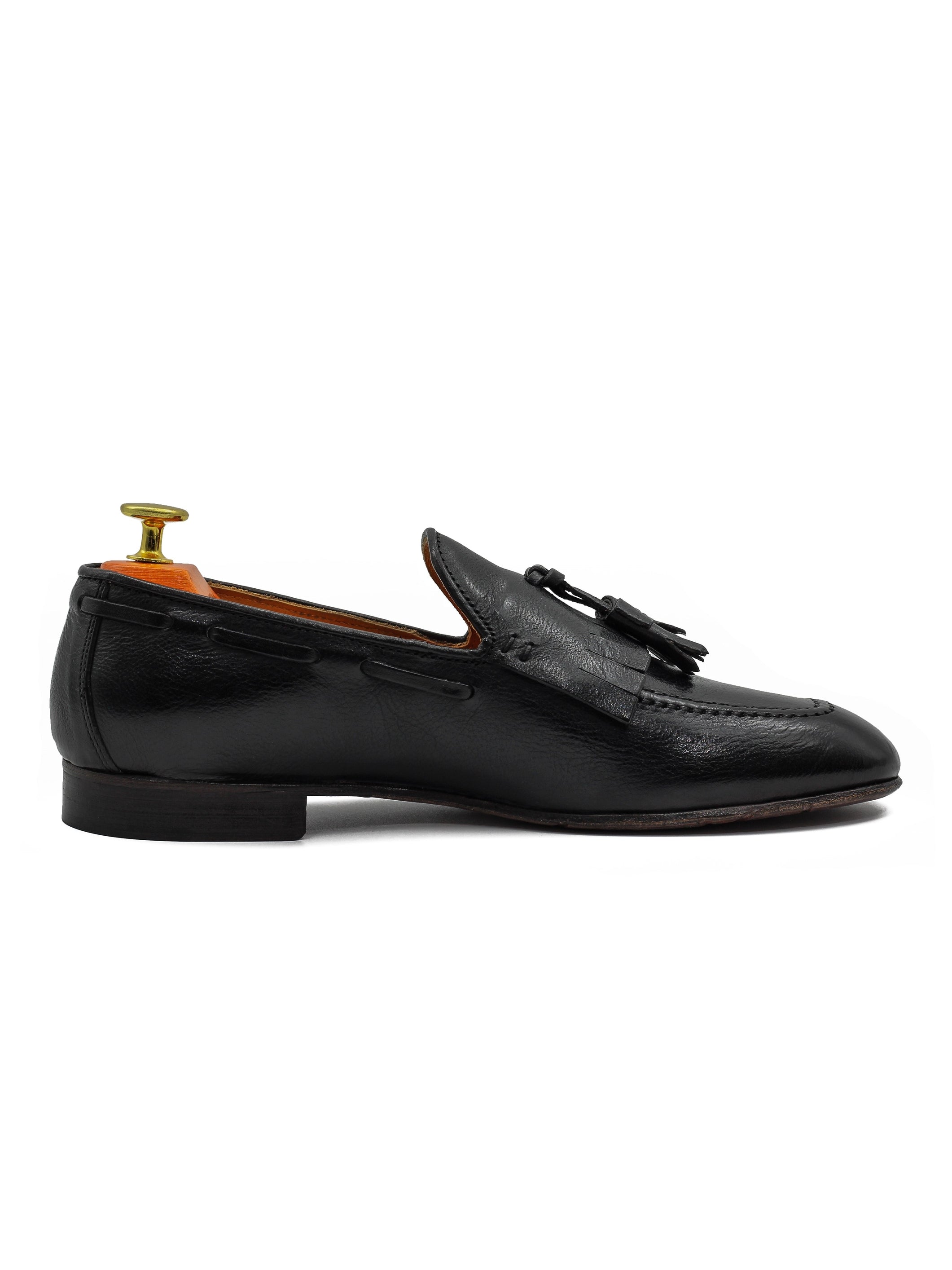 BLACK ITALIAN LEATHER COLLAPSIBLE KILTIE TASSEL LOAFER