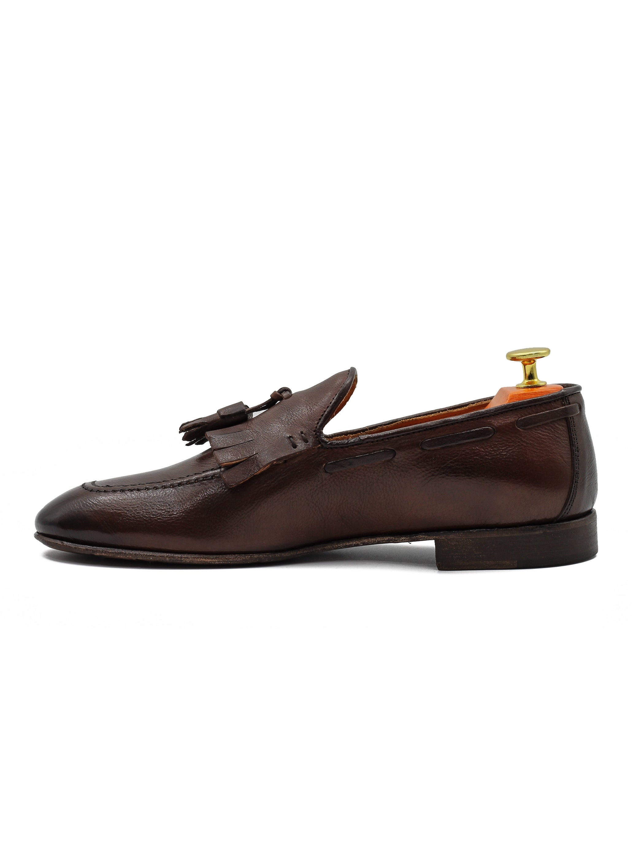 BROWN ITALIAN LEATHER COLLAPSIBLE KILTIE TASSEL LOAFER