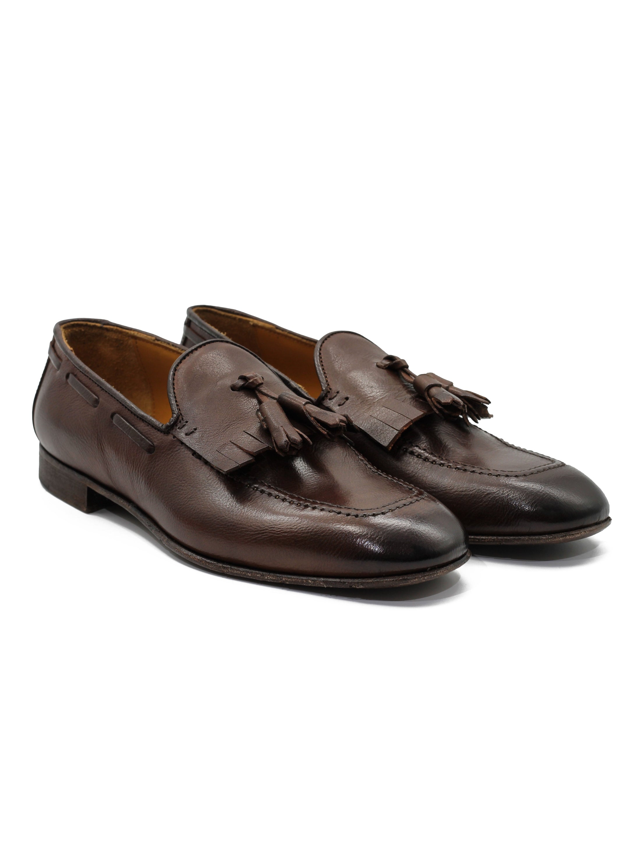 BROWN ITALIAN LEATHER COLLAPSIBLE KILTIE TASSEL LOAFER