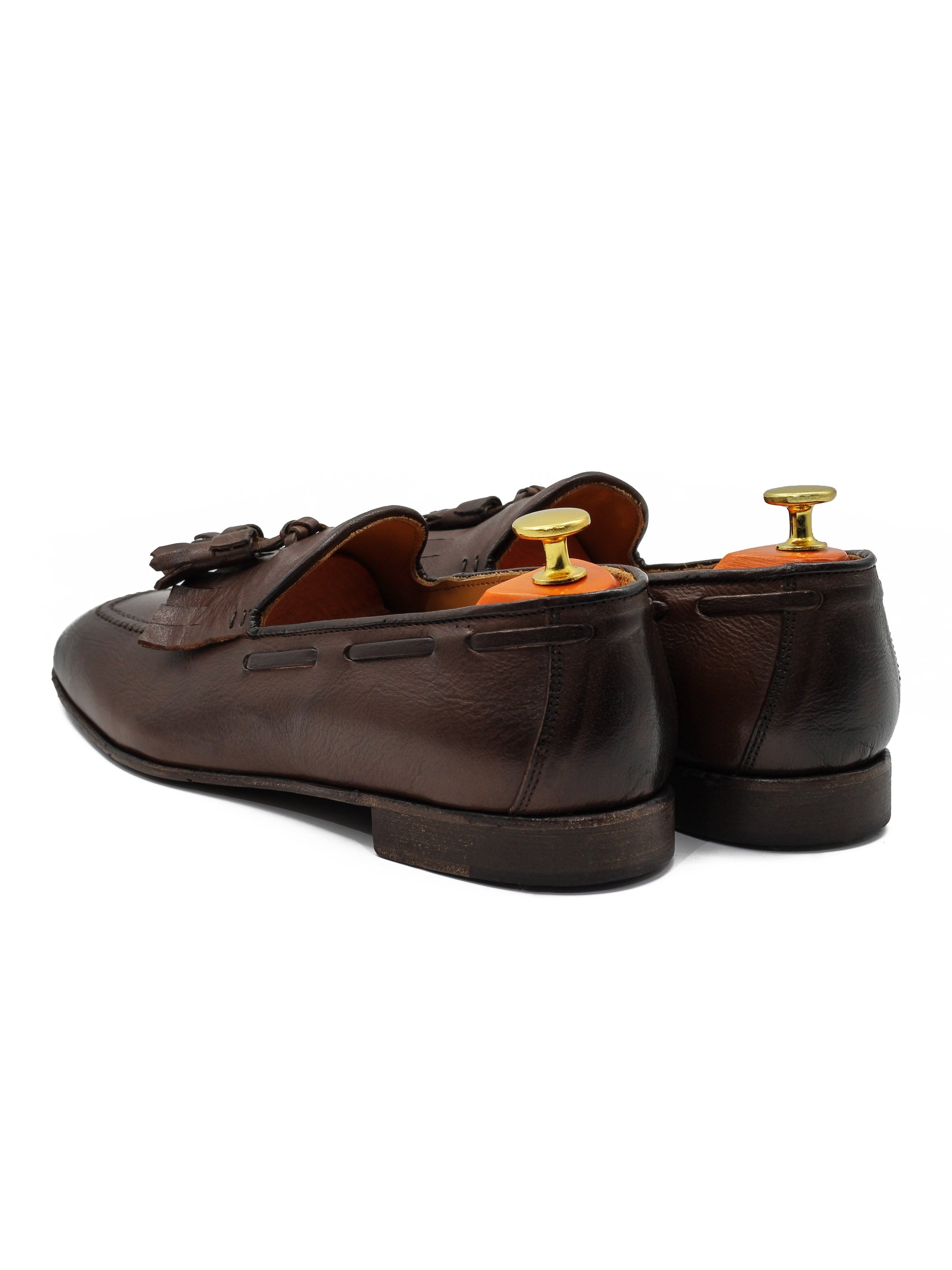 BROWN ITALIAN LEATHER COLLAPSIBLE KILTIE TASSEL LOAFER