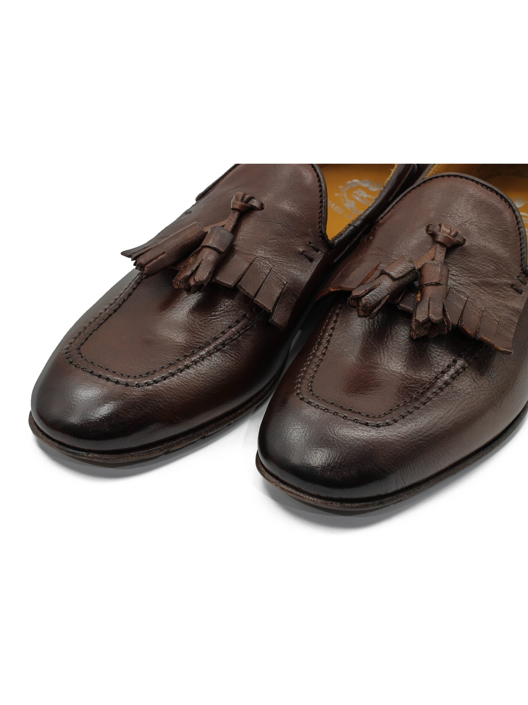 BROWN ITALIAN LEATHER COLLAPSIBLE KILTIE TASSEL LOAFER