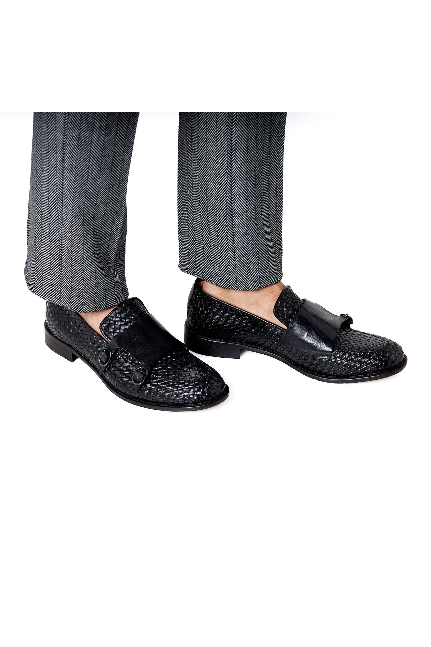 FLORENCE 2 - DOUBLE BUCKLE MONK LOAFER IN BLACK INTERWEAVE ITALIAN LEATHER