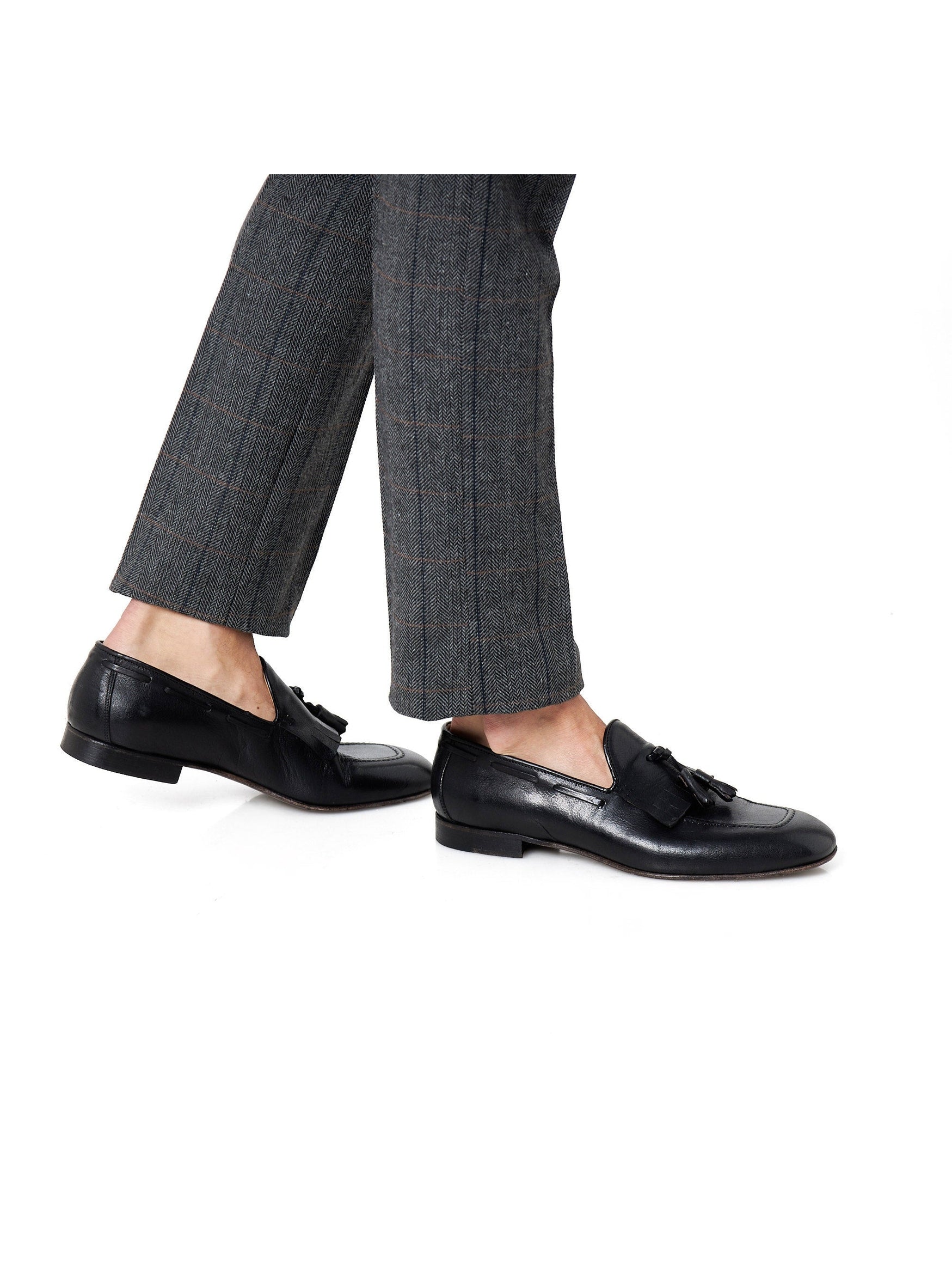 BLACK ITALIAN LEATHER COLLAPSIBLE KILTIE TASSEL LOAFER