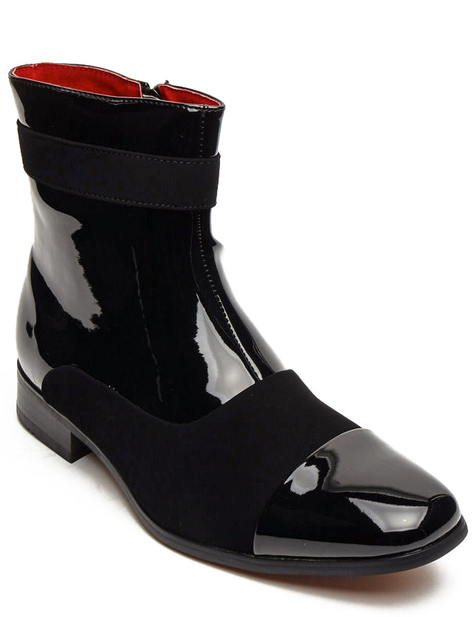 PATENT BLACK LEATHER & SUEDE ZIP BOOTS