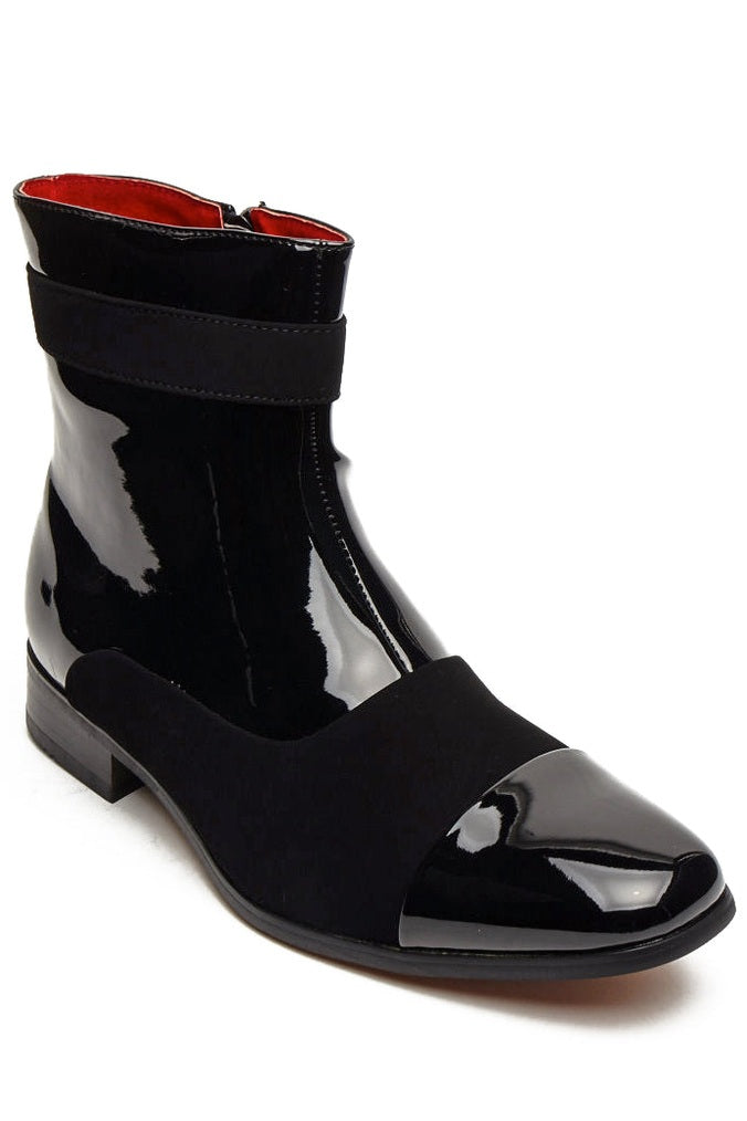 PATENT BLACK LEATHER & SUEDE ZIP BOOTS