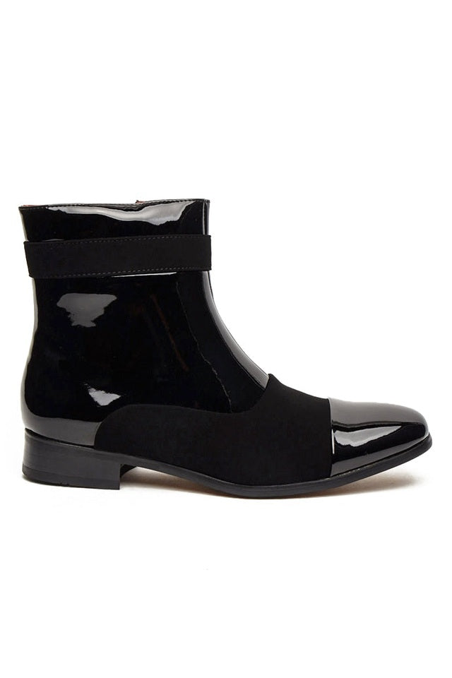 PATENT BLACK LEATHER & SUEDE ZIP BOOTS