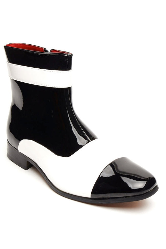 PATENT BLACK & WHITE ZIP GATSBY BOOTS