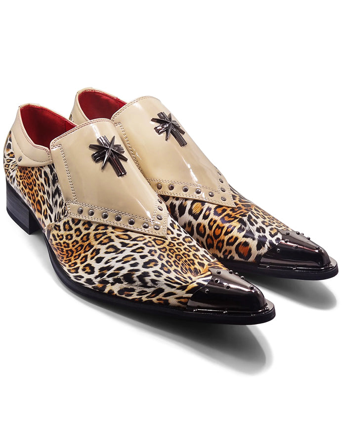 BEIGE PATENT LEOPARD PRINT LOAFER METAL TOE CAP