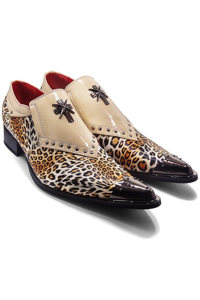 BEIGE PATENT LEOPARD PRINT LOAFER METAL TOE CAP