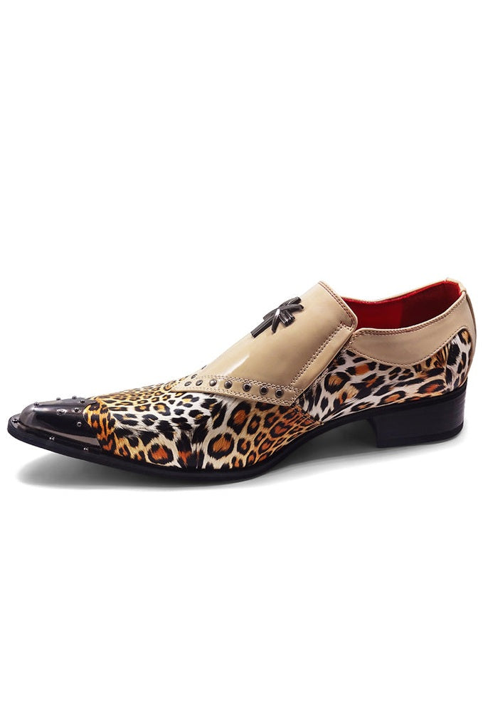 BEIGE PATENT LEOPARD PRINT LOAFER METAL TOE CAP