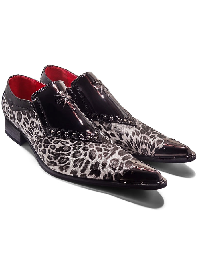 BLACK PATENT LEOPARD PRINT LOAFER METAL TOE CAP