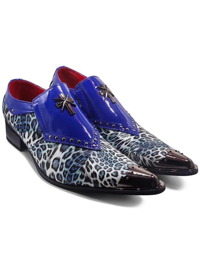 NAVY PATENT LEOPARD PRINT LOAFER METAL TOE CAP