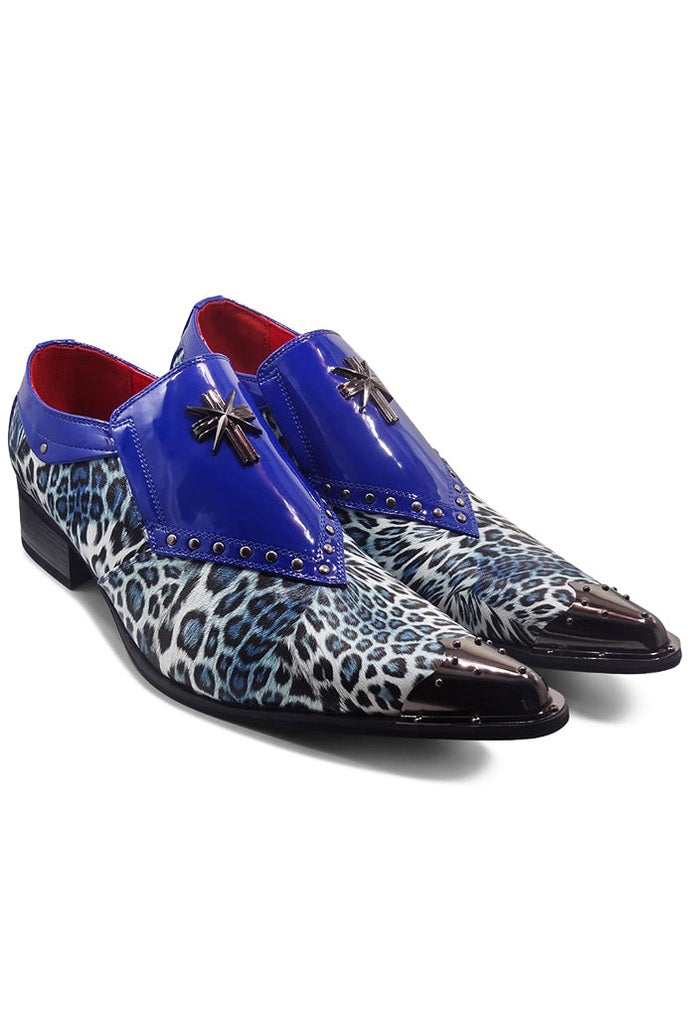 NAVY PATENT LEOPARD PRINT LOAFER METAL TOE CAP