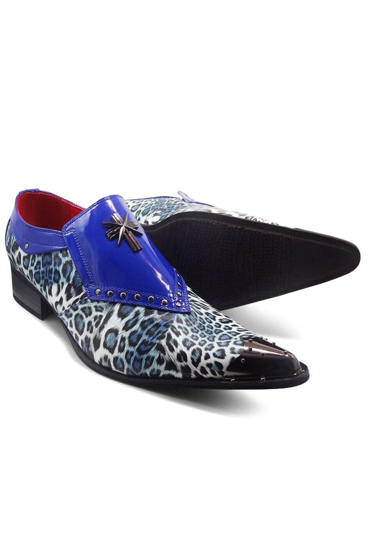 NAVY PATENT LEOPARD PRINT LOAFER METAL TOE CAP