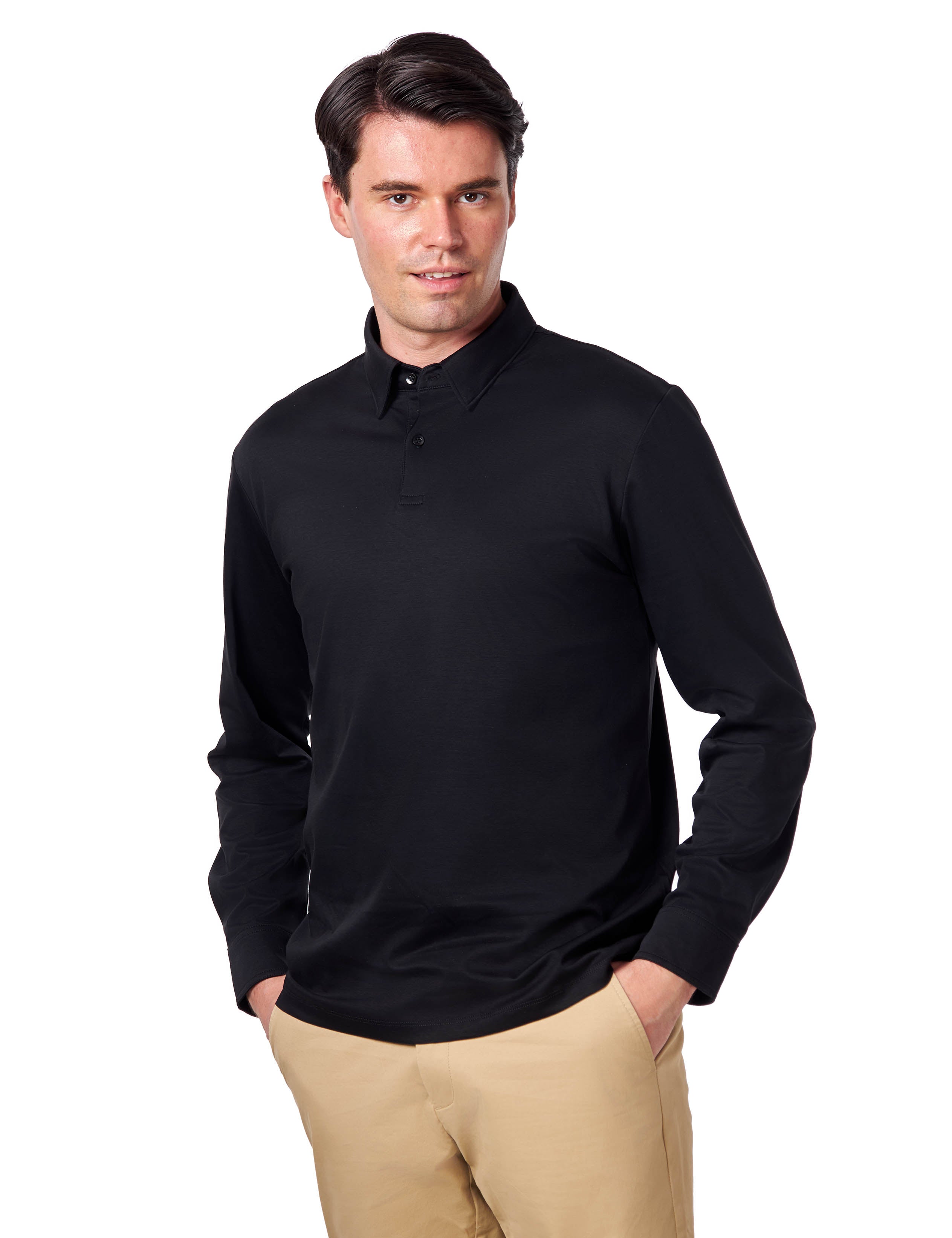 Mercerised Cotton Black Polo Shirt Long Sleeve
