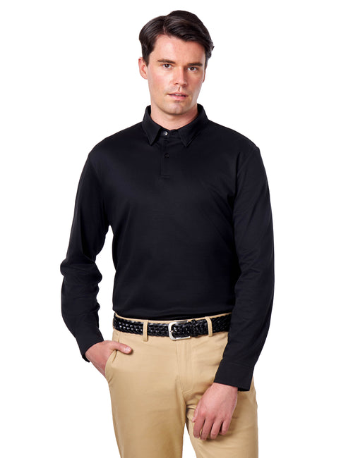 Mercerised Cotton Black Polo Shirt Long Sleeve