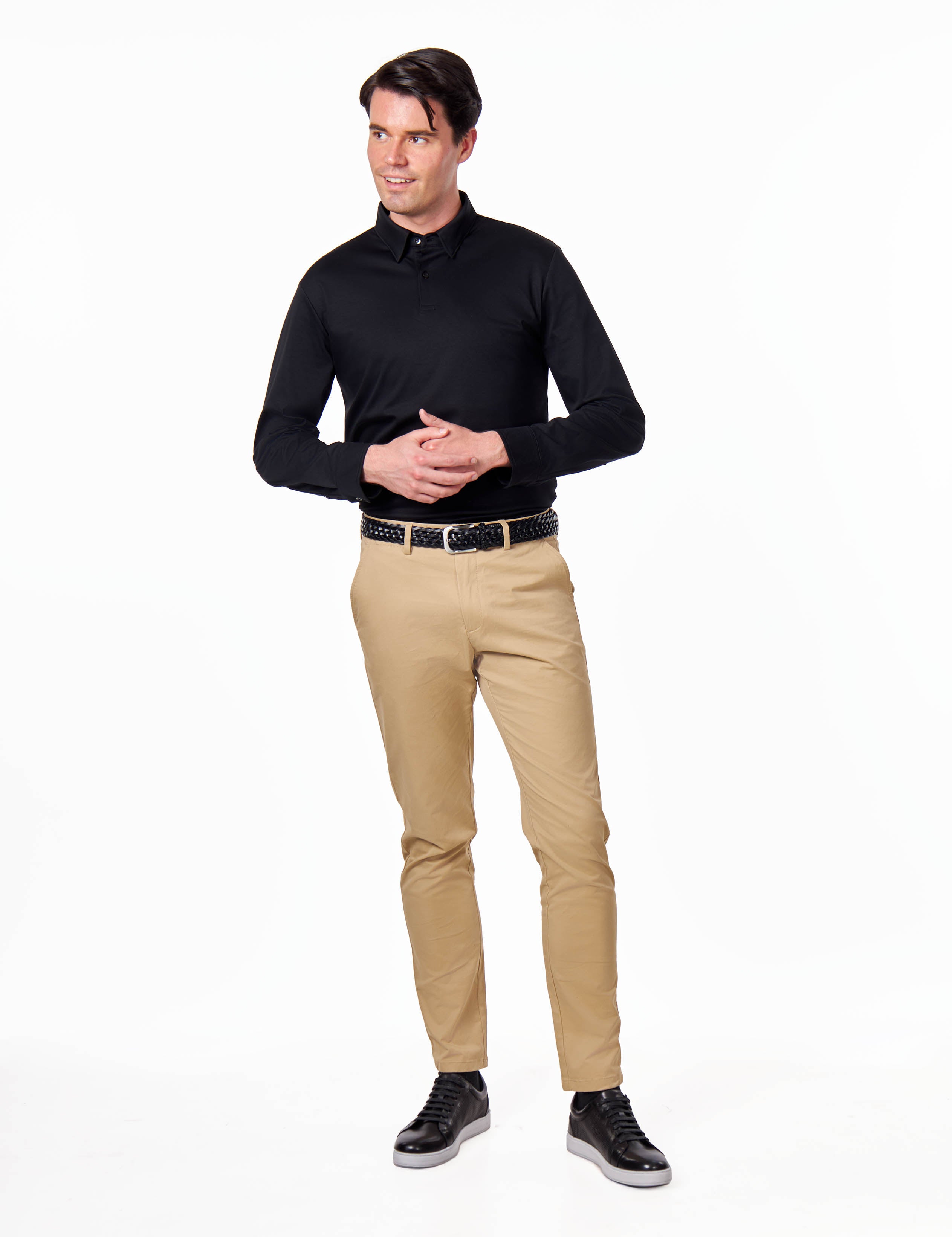Mercerised Cotton Black Polo Shirt Long Sleeve