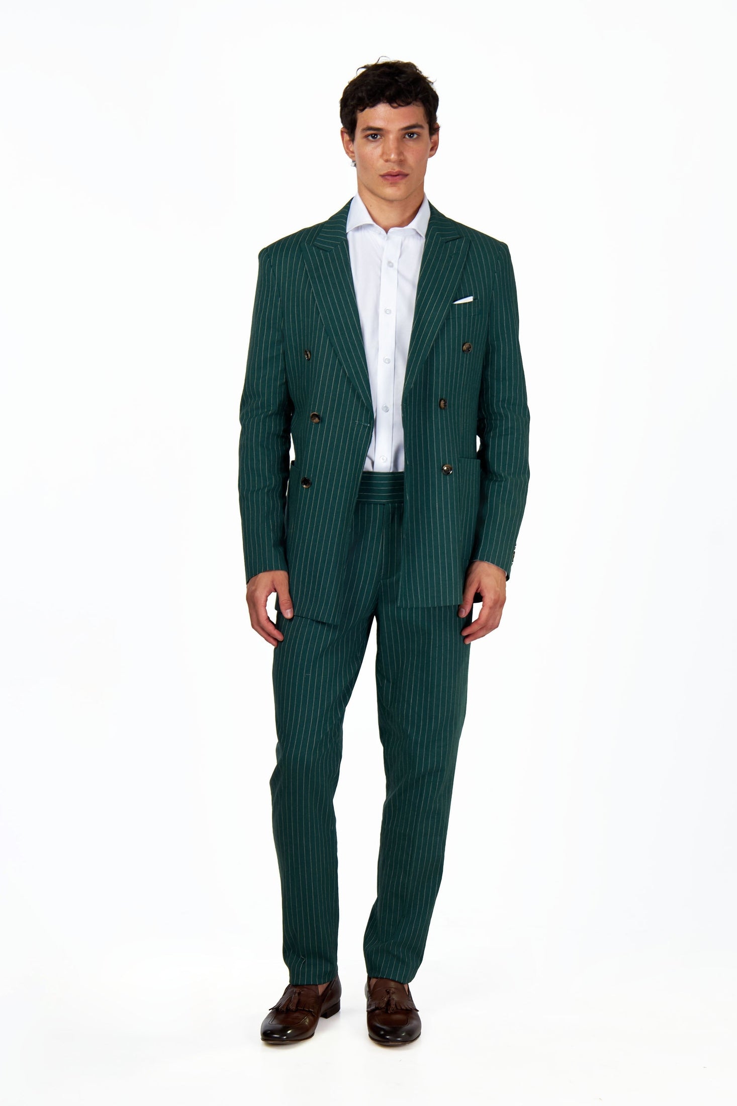 LLOYD – Double Breasted Linen Jacket In Green Pinstripes