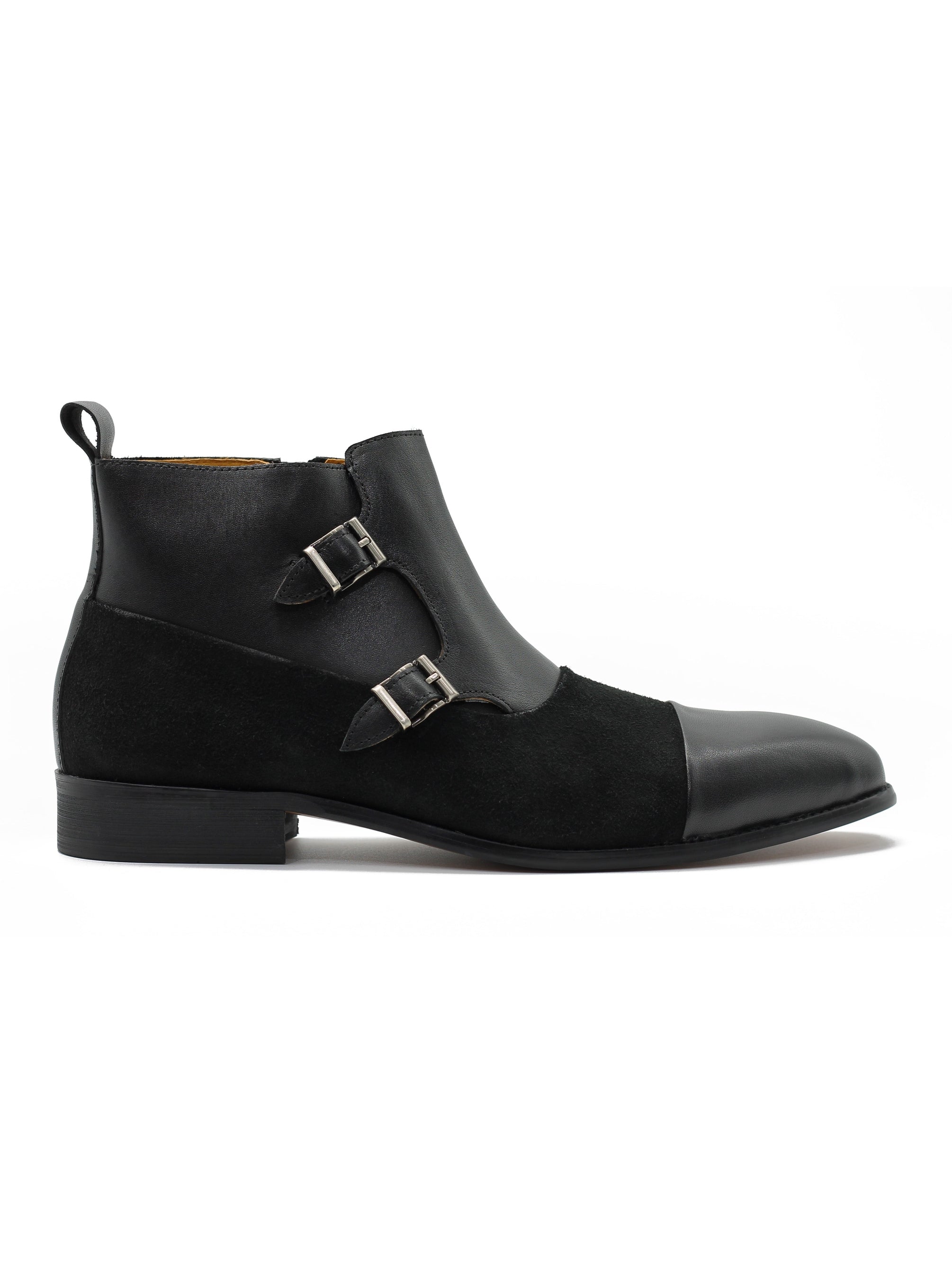 BLACK DOUBLE MONK LEATHER & SUEDE CHELSEA BOOTS