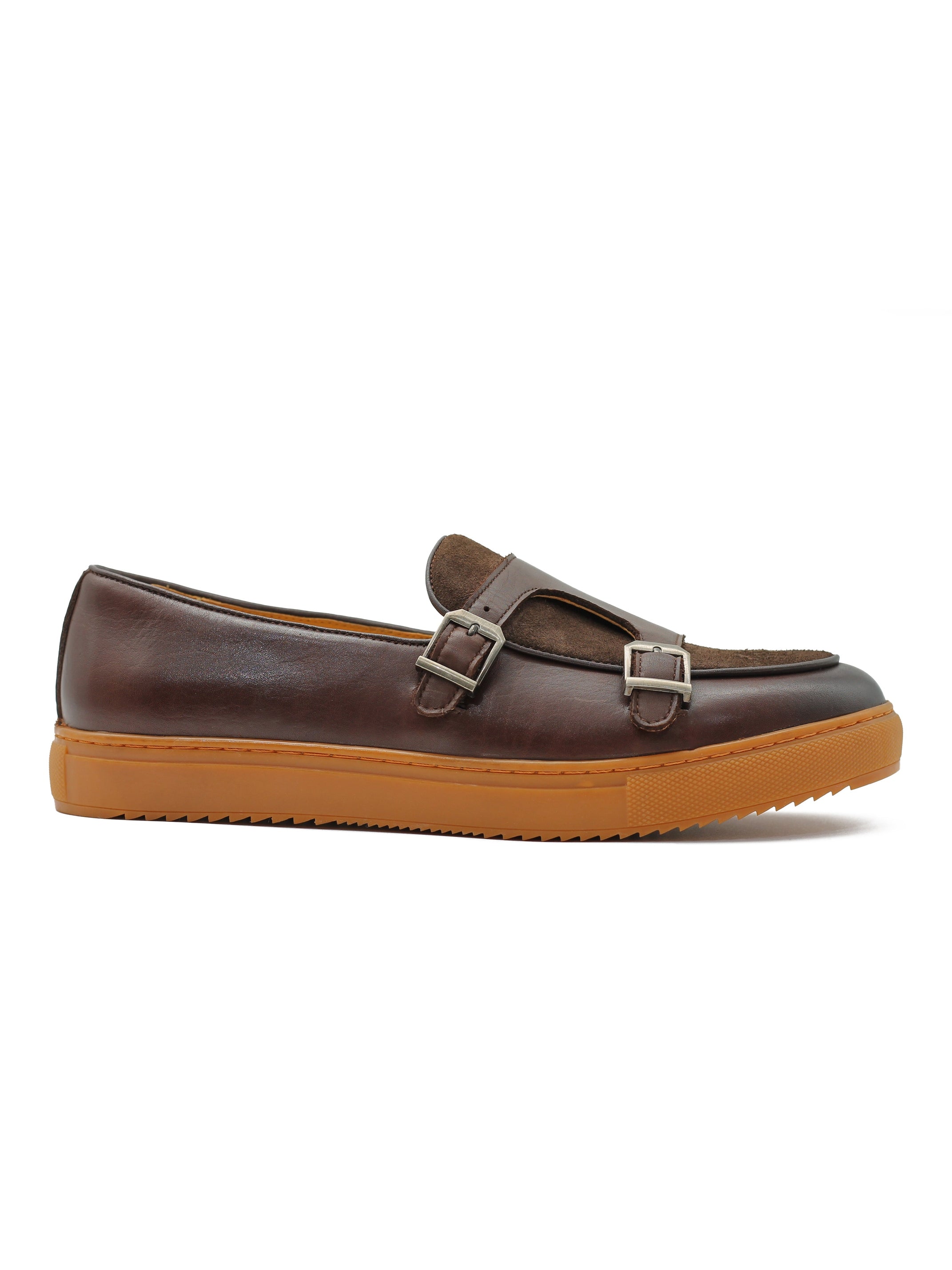 BROWN LEATHER & SUEDE DOUBLE MONK SNEAKERS