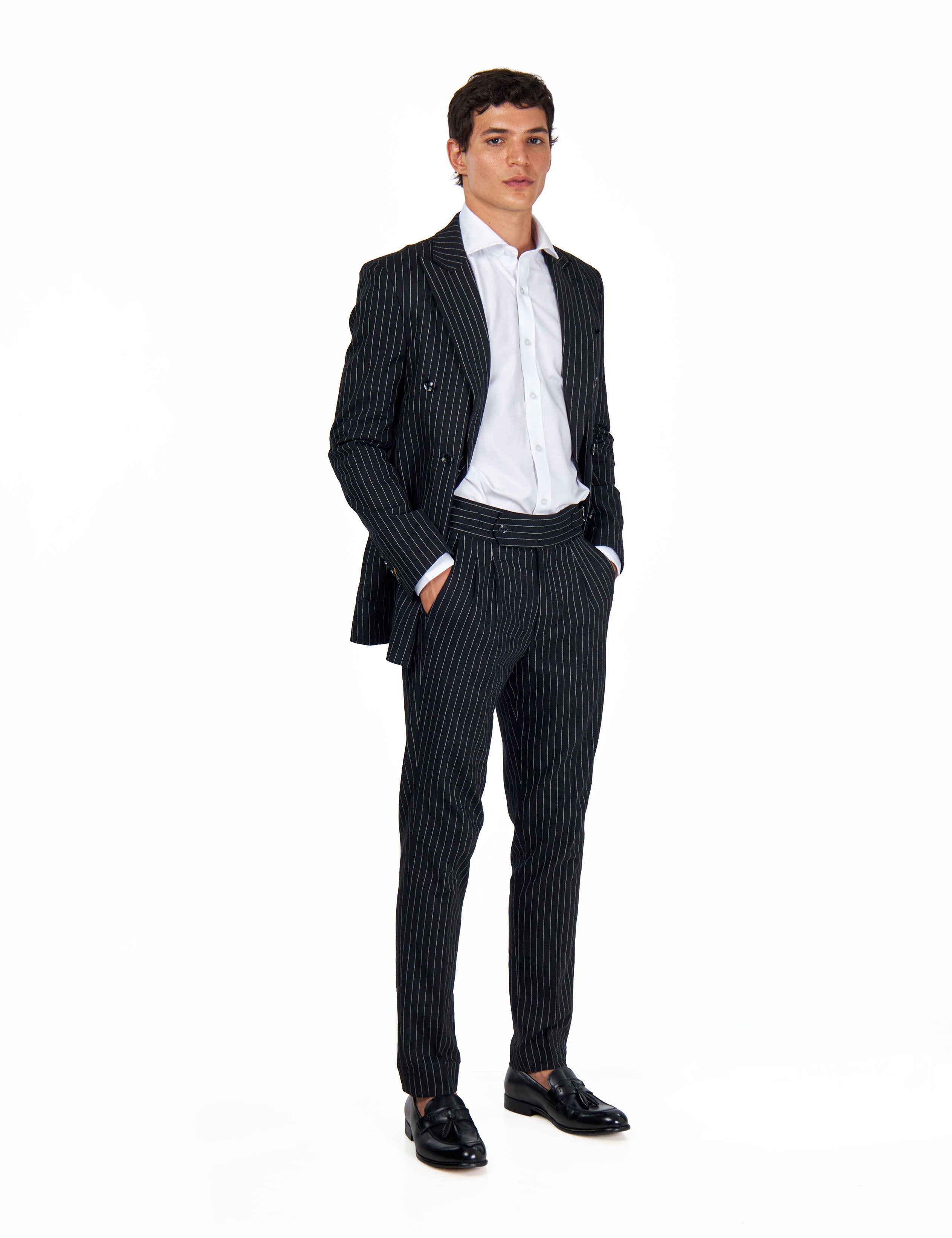 LLOYD – Double Breasted Linen Jacket In Black Pinstripes