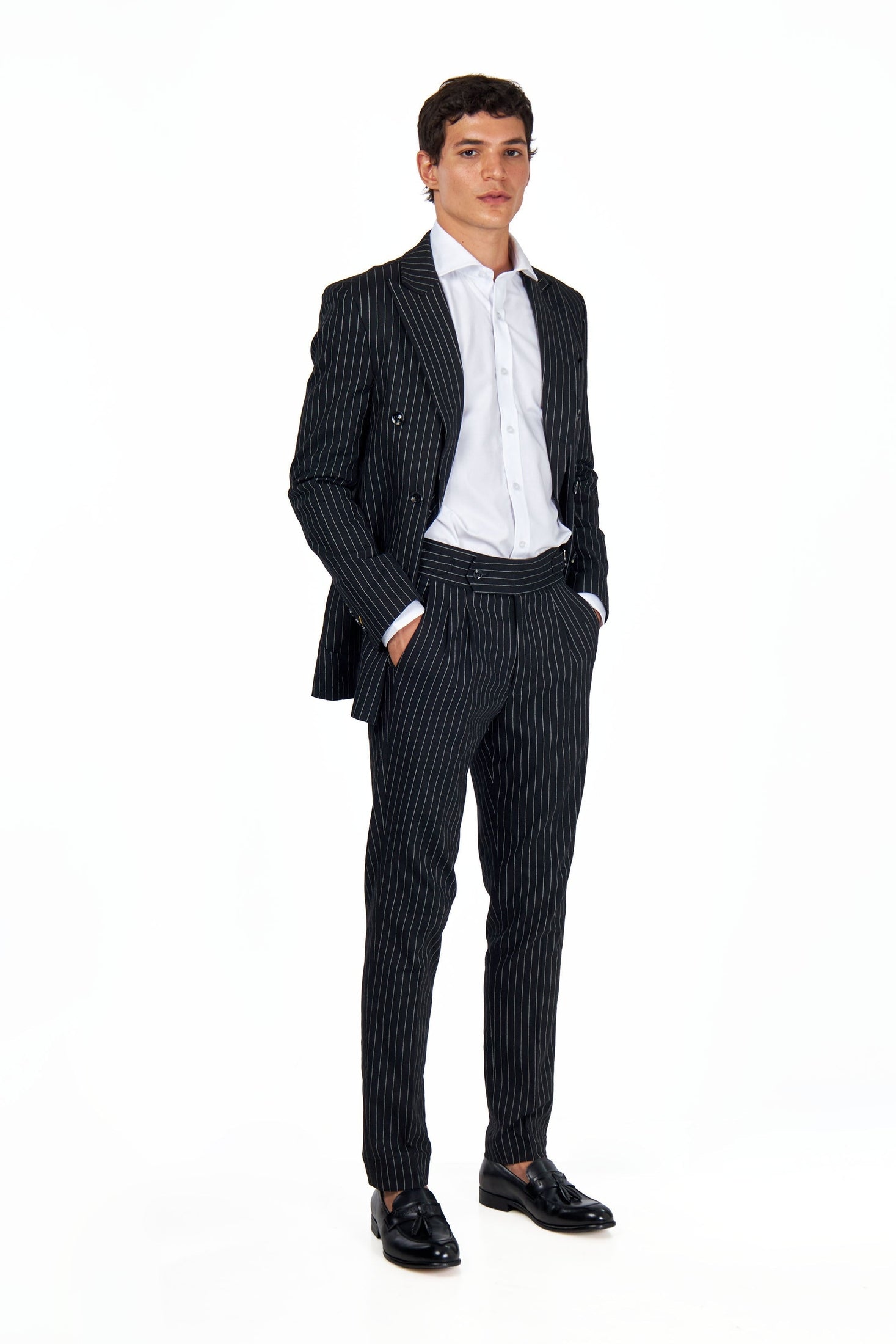 LLOYD – Double Breasted Linen Jacket In Black Pinstripes