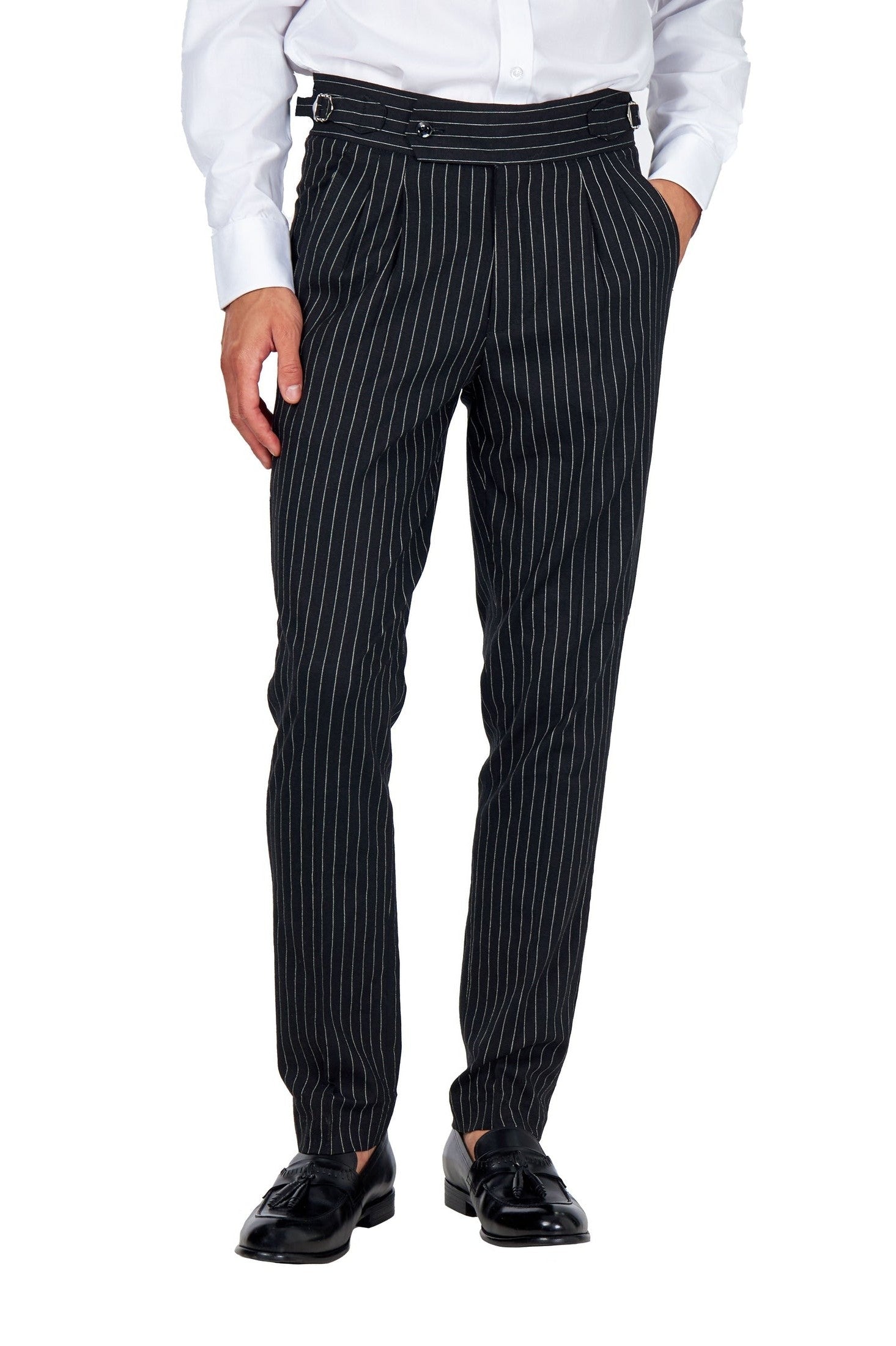 Mens Black Pinstripe Linen Trousers Tapered Fit, 2 Pleats, Side Buckles XPOSED Mens Black Pinstripe Linen Trousers Tapered Fit, 2 Pleats, Side Buckles XPOSED
