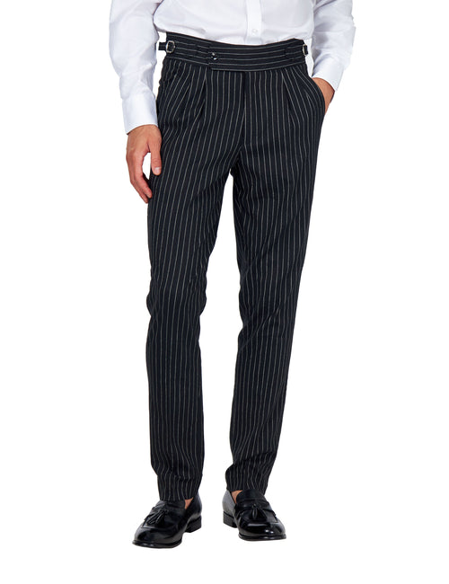 LLOYD - Black Pinstripe Linen Trousers Tapered Fit