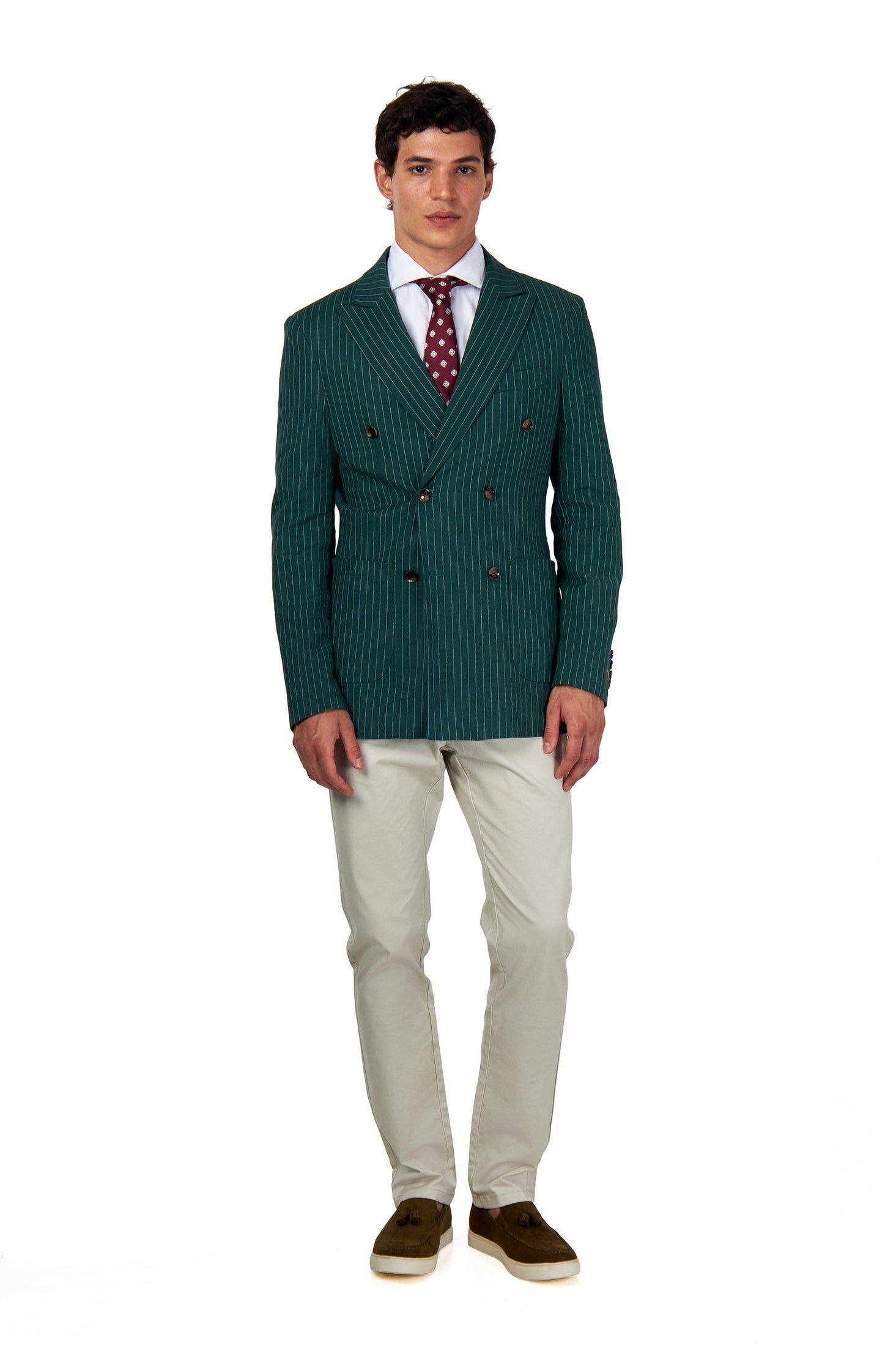 LLOYD – Double Breasted Linen Jacket In Green Pinstripes