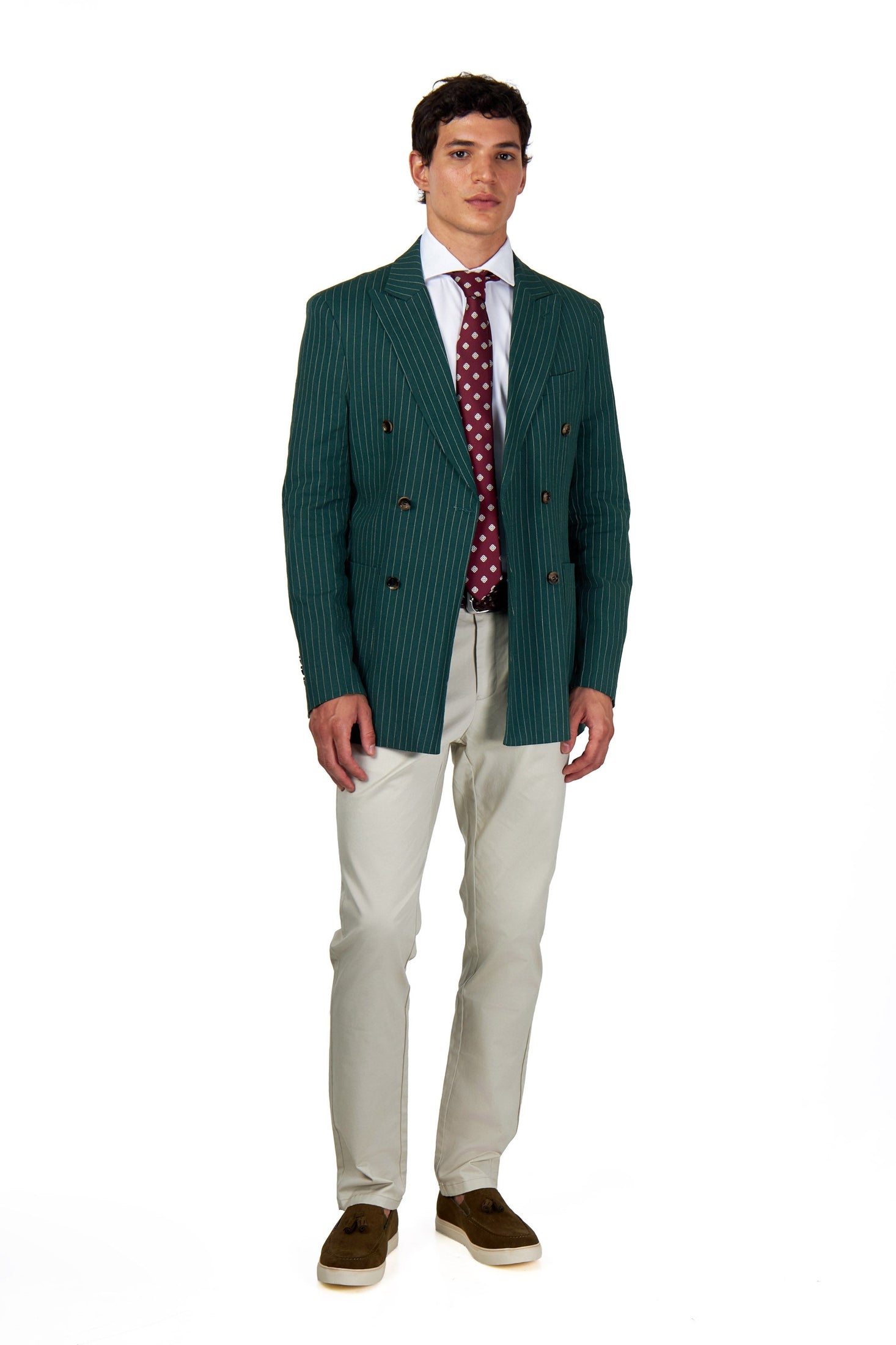 LLOYD – Double Breasted Linen Jacket In Green Pinstripes